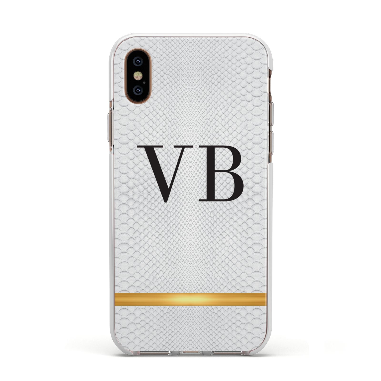 Personalised Faux Snakeskin Initials Apple iPhone Xs Impact Case White Edge on Gold Phone