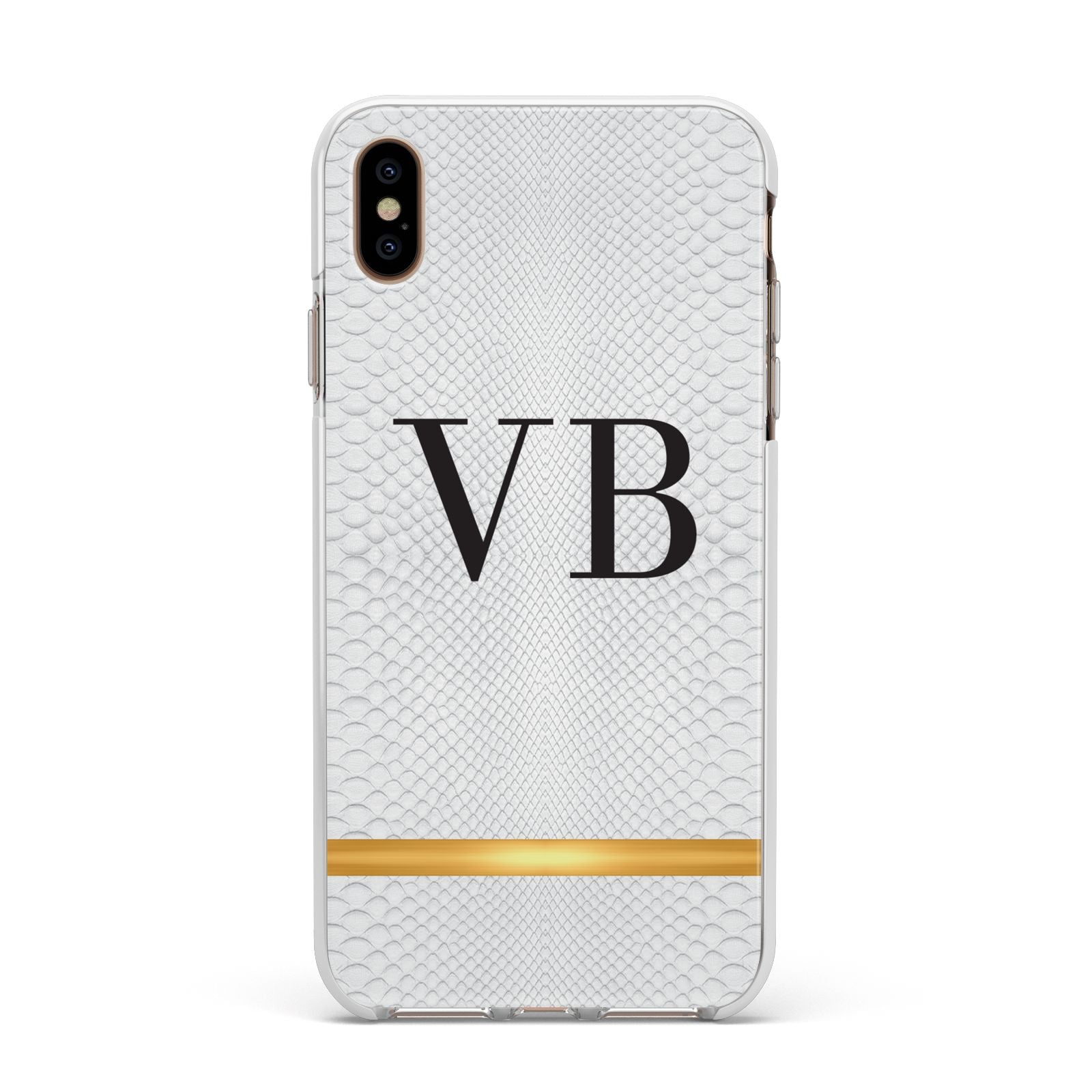 Personalised Faux Snakeskin Initials Apple iPhone Xs Max Impact Case White Edge on Gold Phone