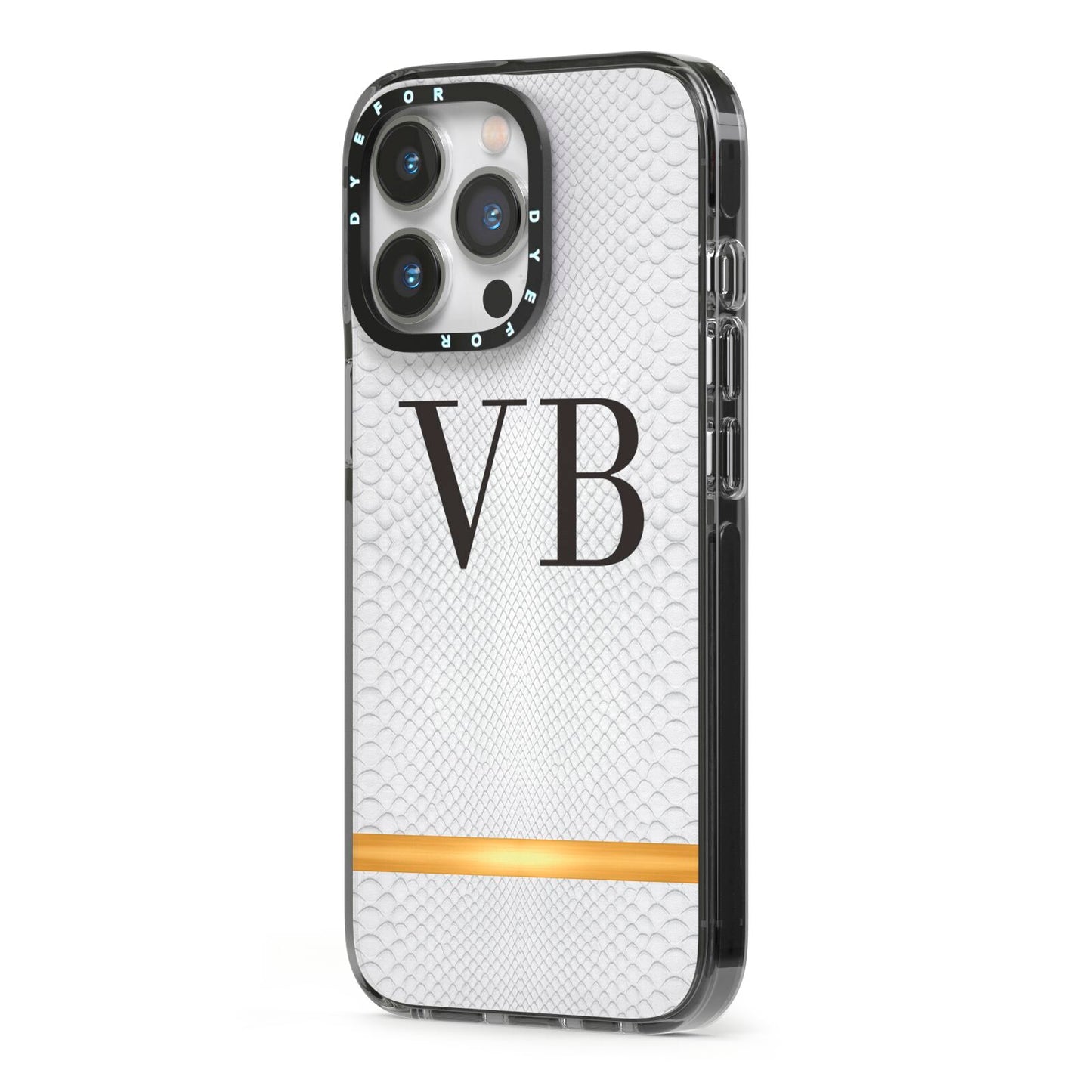 Personalised Faux Snakeskin Initials iPhone 13 Pro Black Impact Case Side Angle on Silver phone