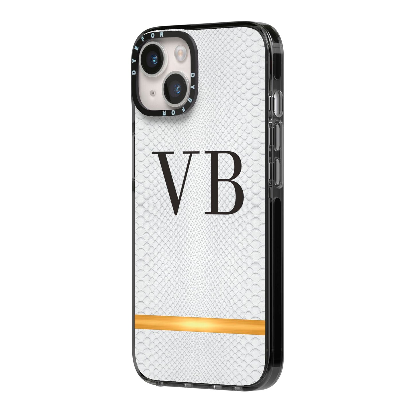 Personalised Faux Snakeskin Initials iPhone 14 Black Impact Case Side Angle on Silver phone