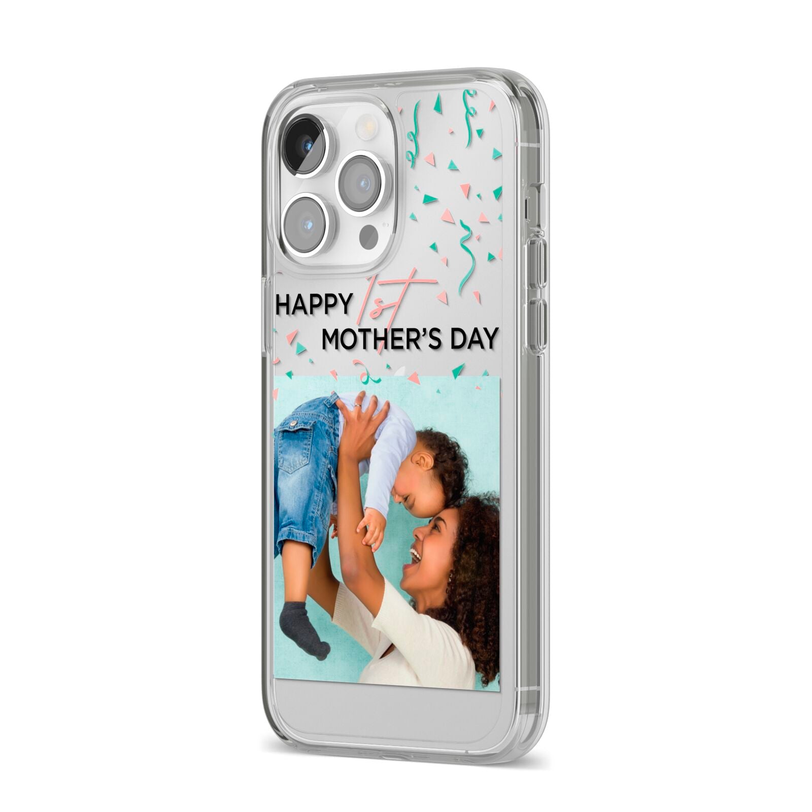 Personalised First Mothers Day iPhone 14 Pro Max Clear Tough Case Silver Angled Image