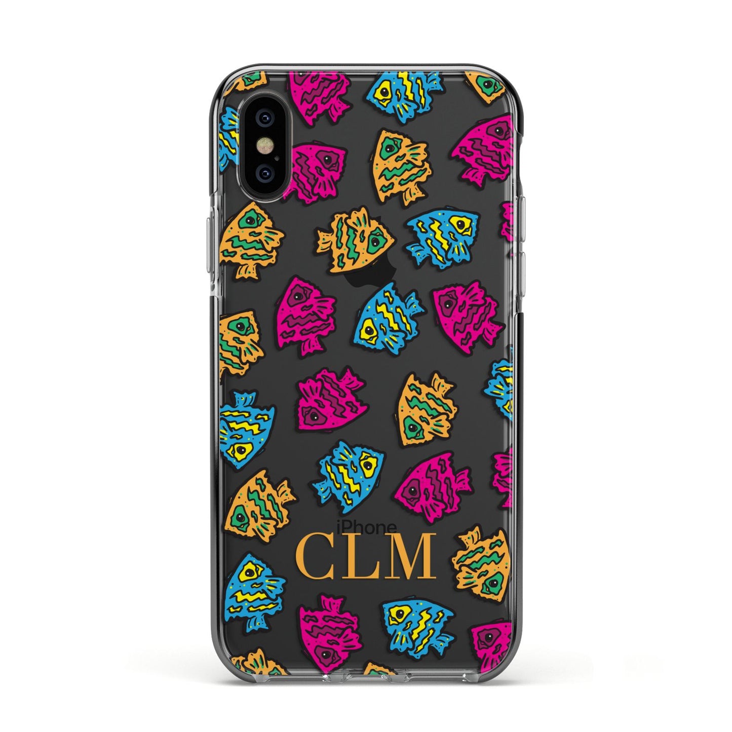 Personalised Fish Initials Clear Apple iPhone Xs Impact Case Black Edge on Black Phone
