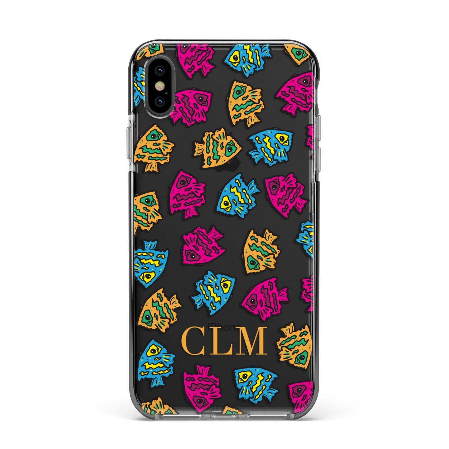 Personalised Fish Initials Clear Apple iPhone Xs Max Impact Case Black Edge on Black Phone