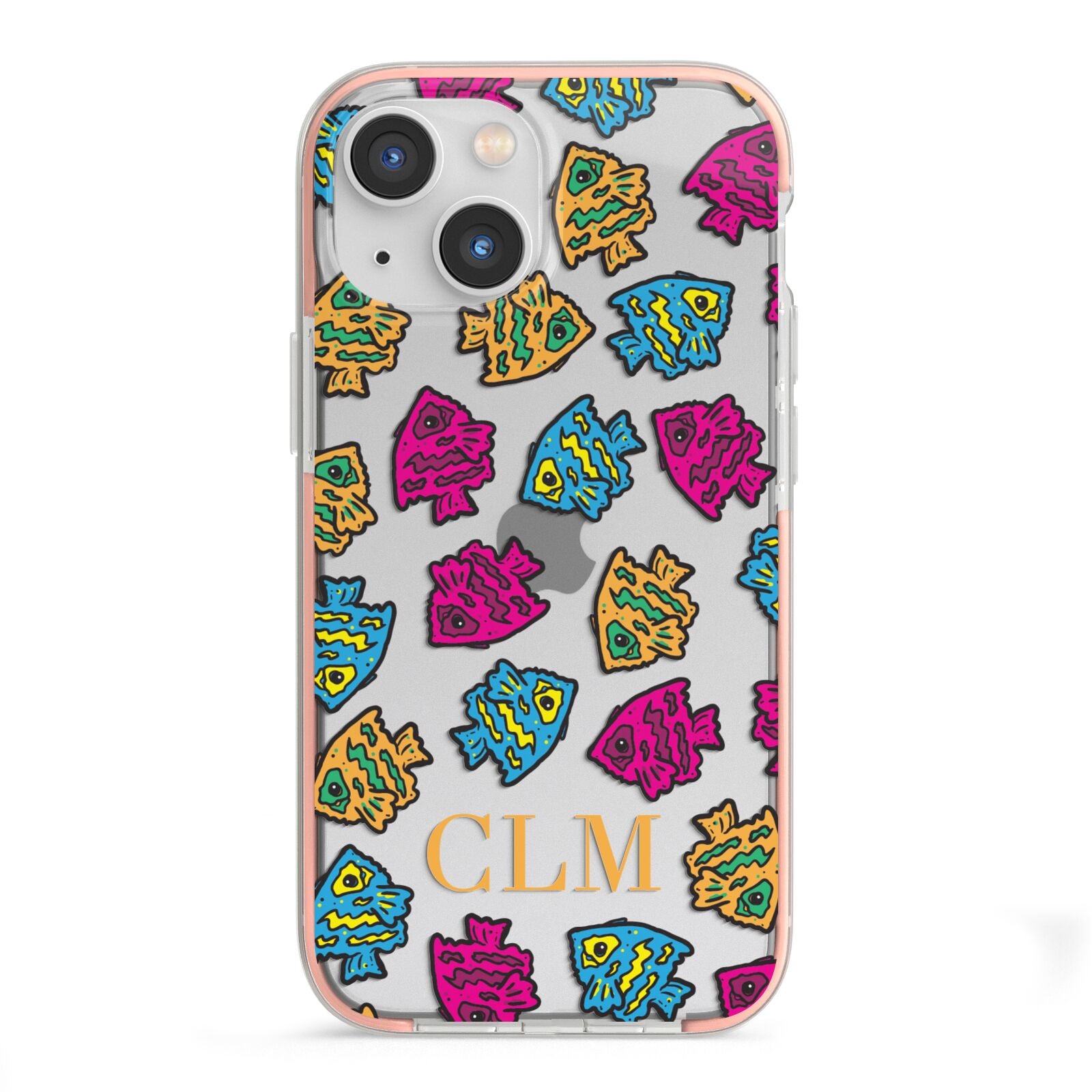 Personalised Fish Initials Clear iPhone 13 Mini TPU Impact Case with Pink Edges