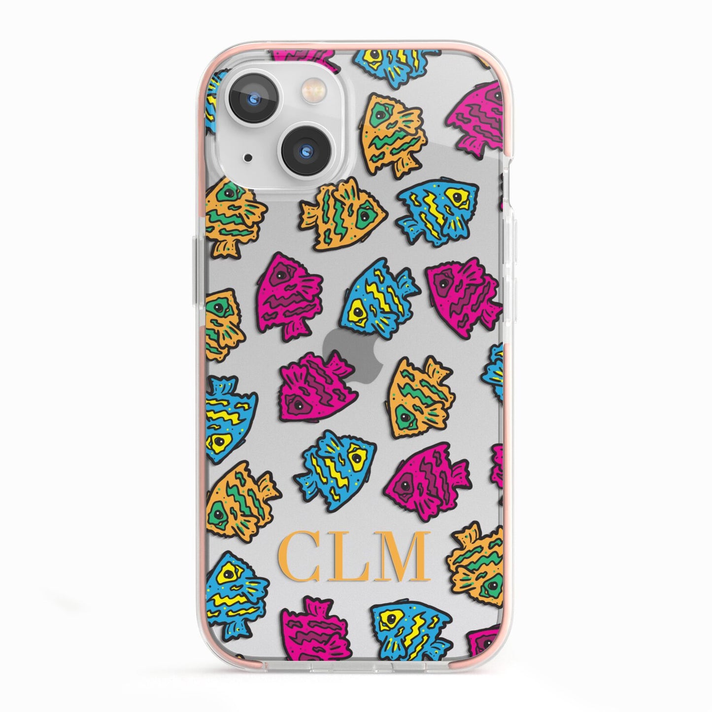 Personalised Fish Initials Clear iPhone 13 TPU Impact Case with Pink Edges