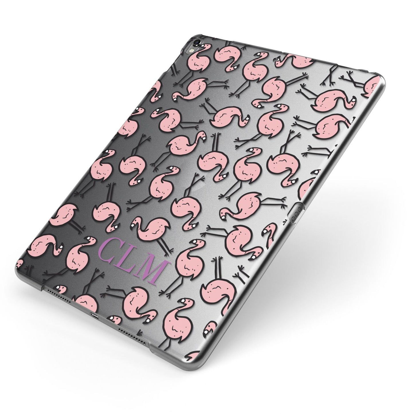 Personalised Flamingo Initials Clear Apple iPad Case on Grey iPad Side View