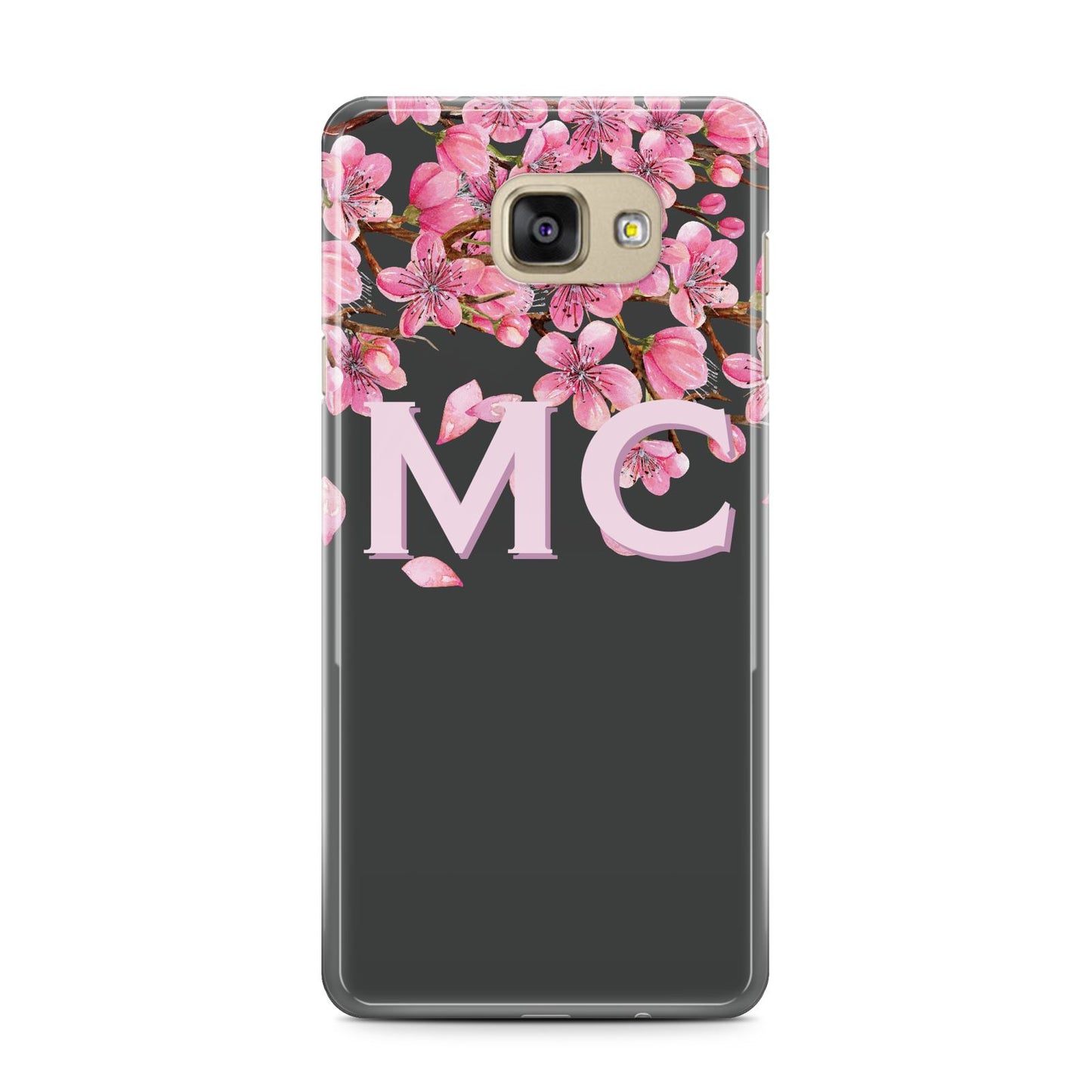 Personalised Floral Blossom Black Pink Samsung Galaxy A7 2016 Case on gold phone