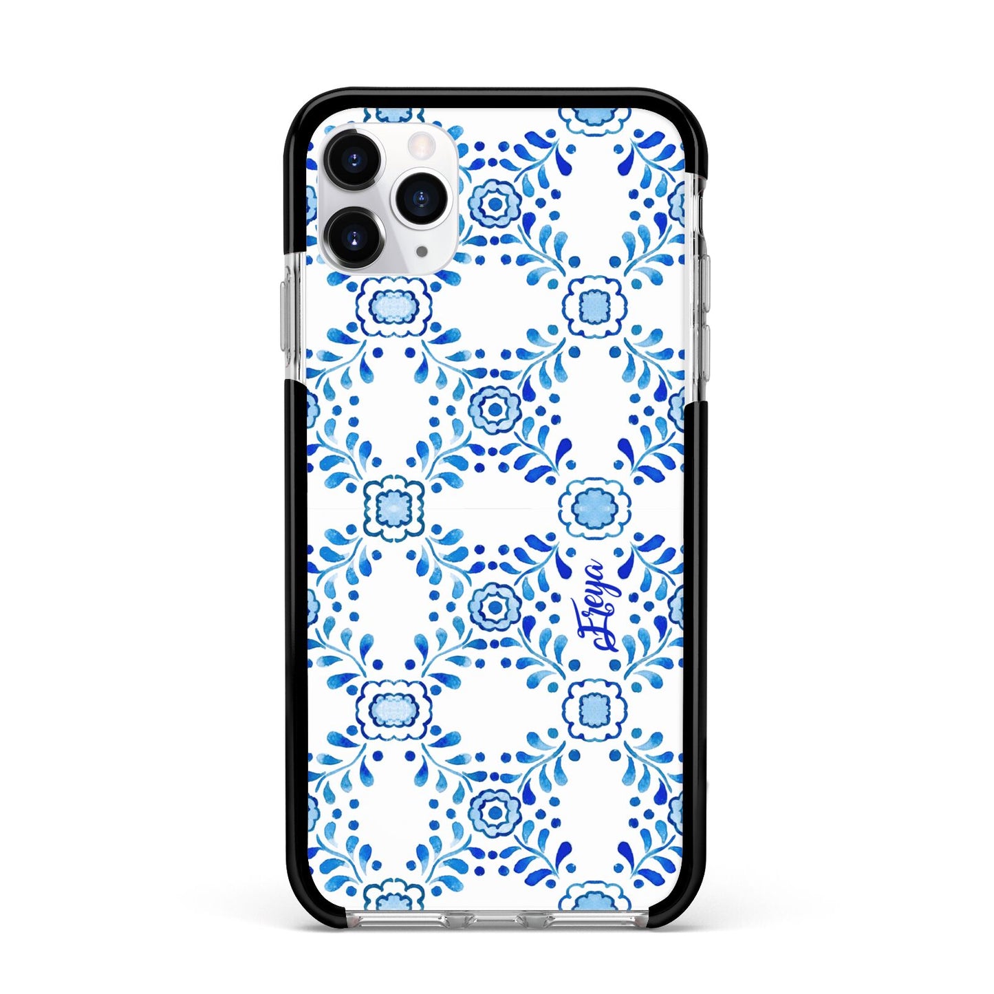 Personalised Floral Greek Tiles Apple iPhone 11 Pro Max in Silver with Black Impact Case