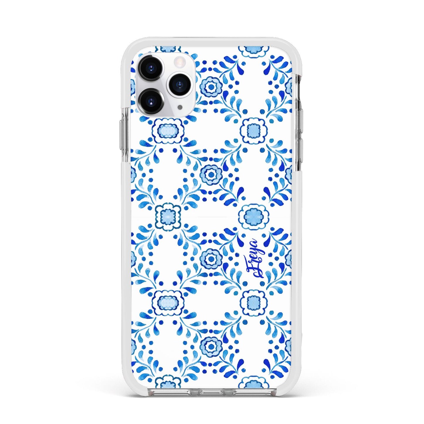 Personalised Floral Greek Tiles Apple iPhone 11 Pro Max in Silver with White Impact Case