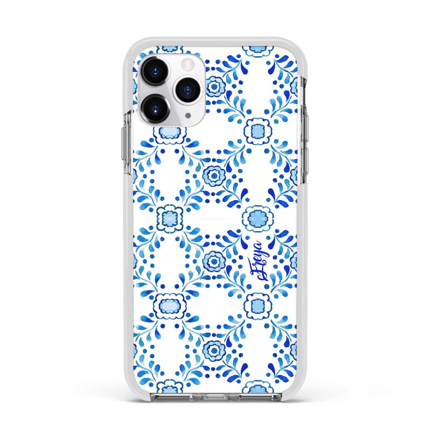 Personalised Floral Greek Tiles Apple iPhone 11 Pro in Silver with White Impact Case