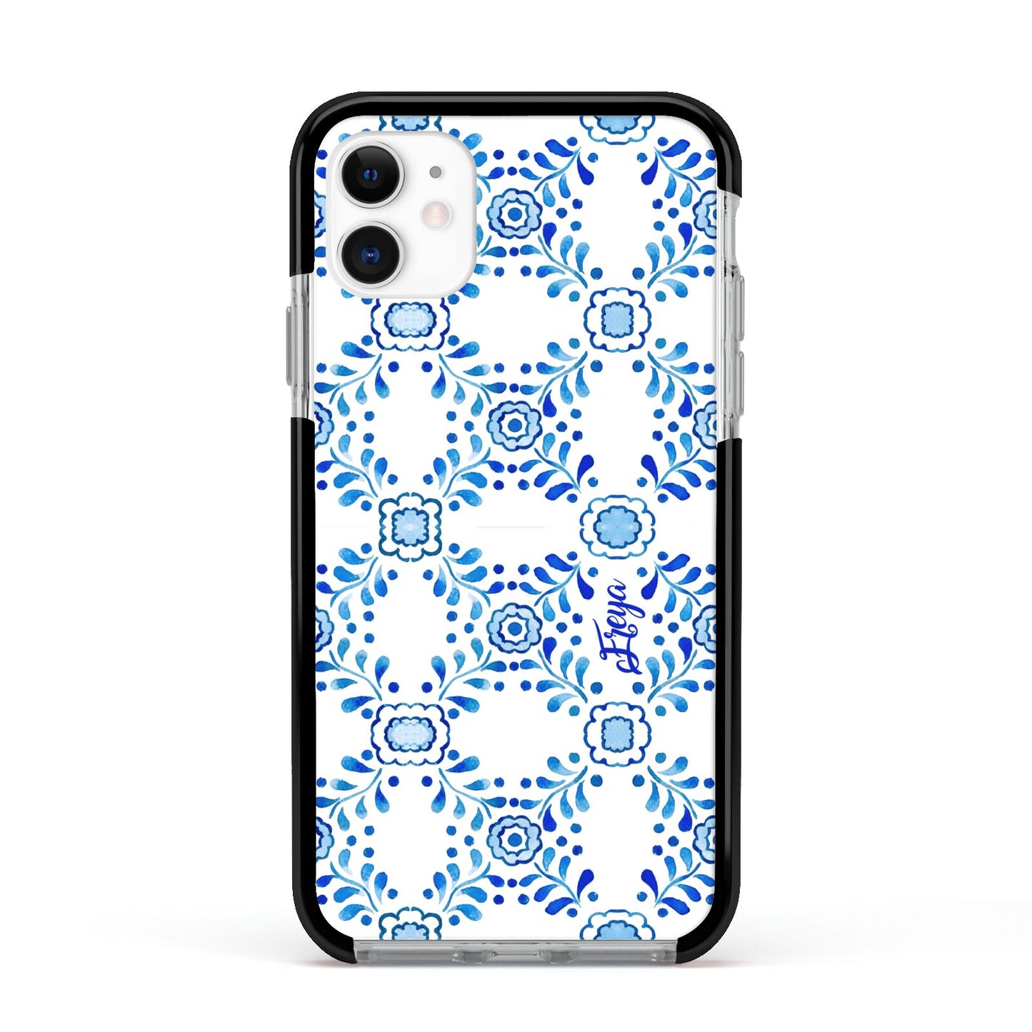 Personalised Floral Greek Tiles Apple iPhone 11 in White with Black Impact Case