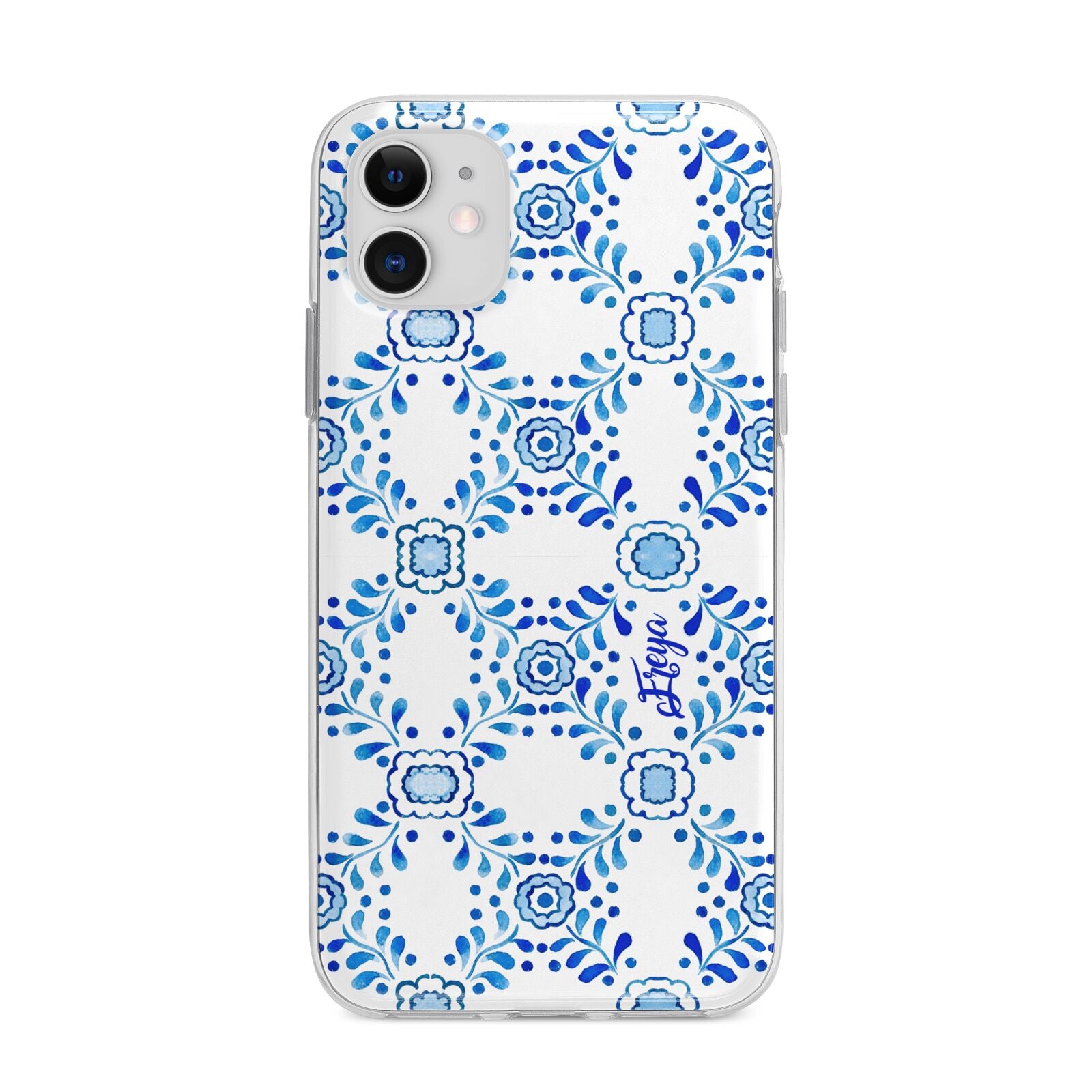 Personalised Floral Greek Tiles Apple iPhone 11 in White with Bumper Case