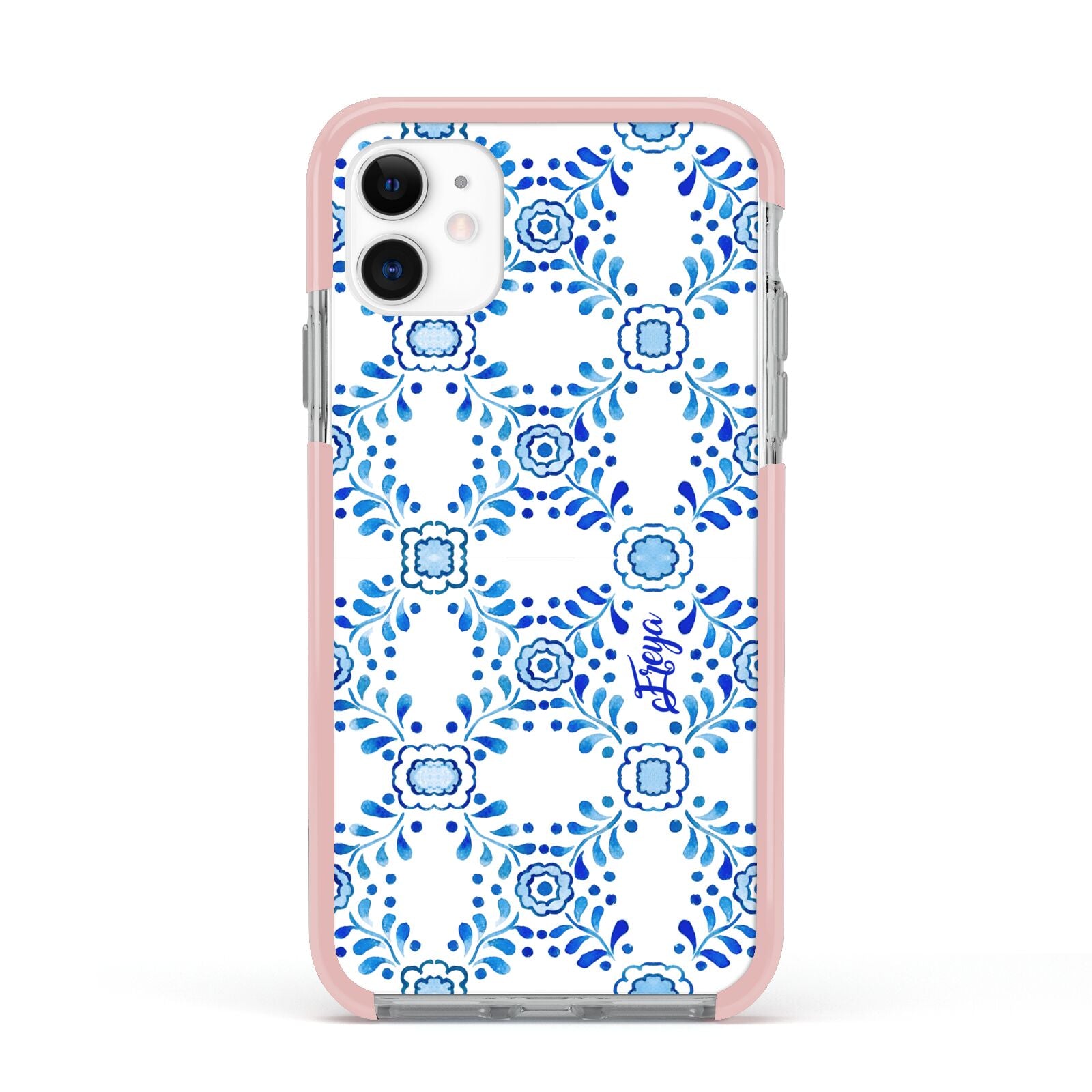 Personalised Floral Greek Tiles Apple iPhone 11 in White with Pink Impact Case