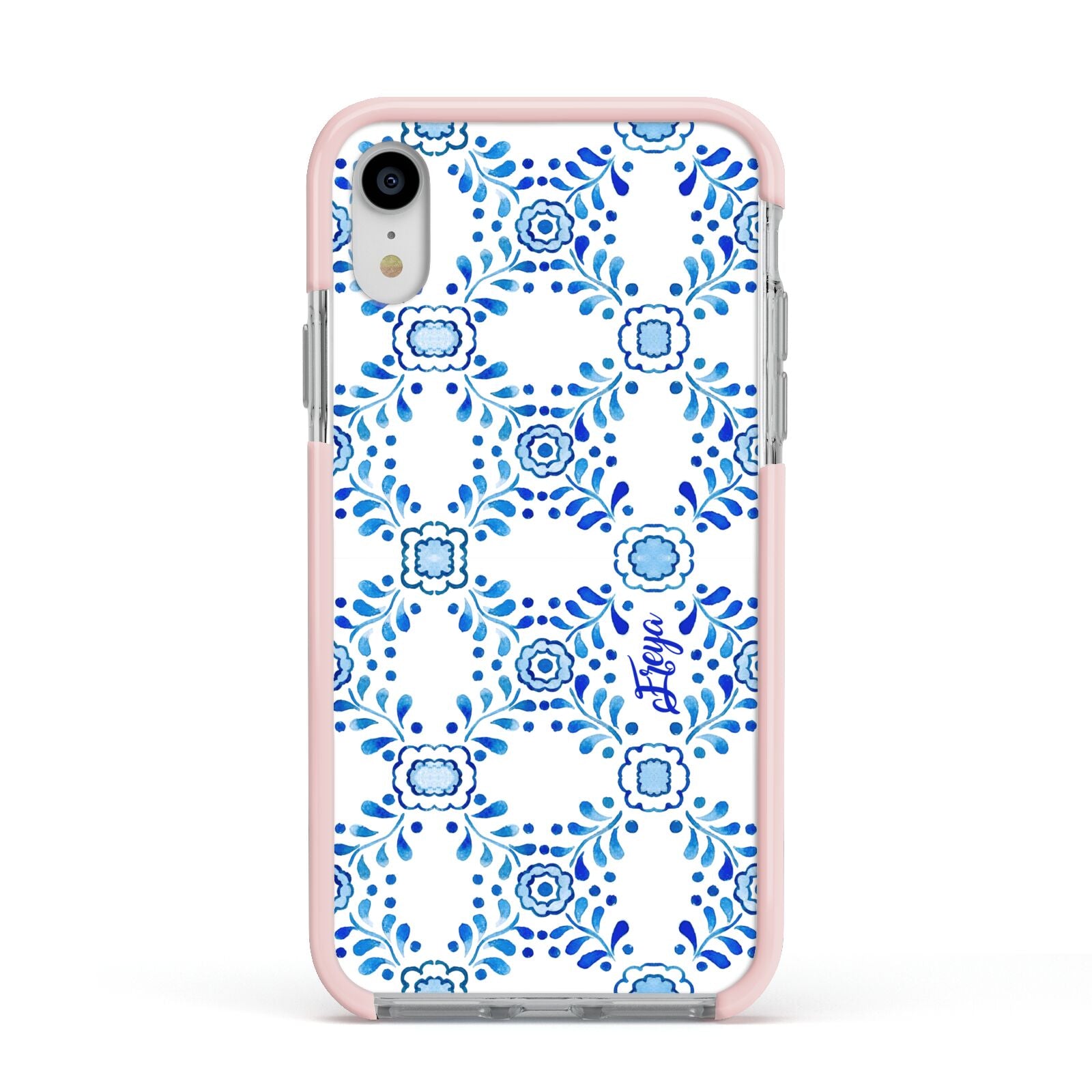 Personalised Floral Greek Tiles Apple iPhone XR Impact Case Pink Edge on Silver Phone