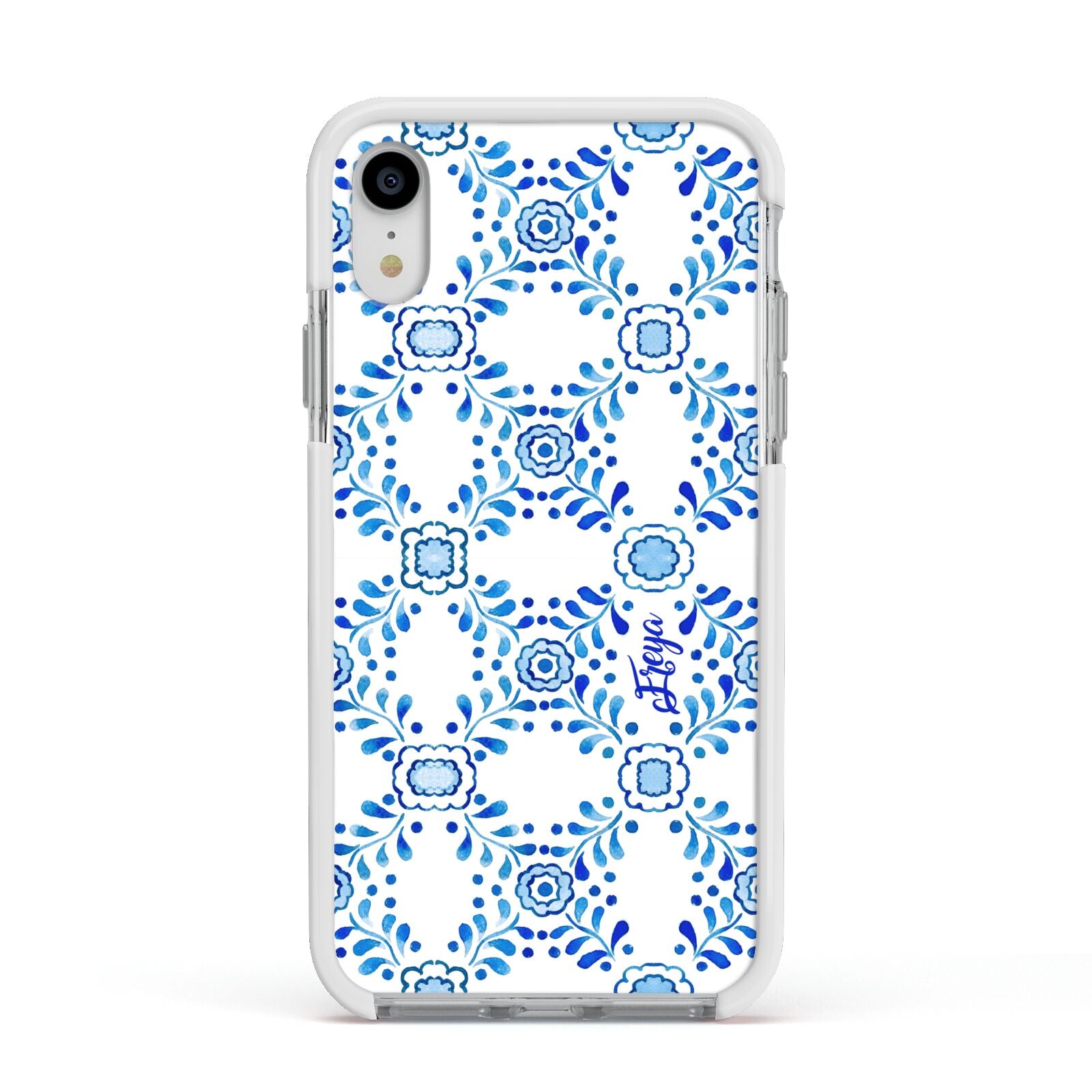 Personalised Floral Greek Tiles Apple iPhone XR Impact Case White Edge on Silver Phone