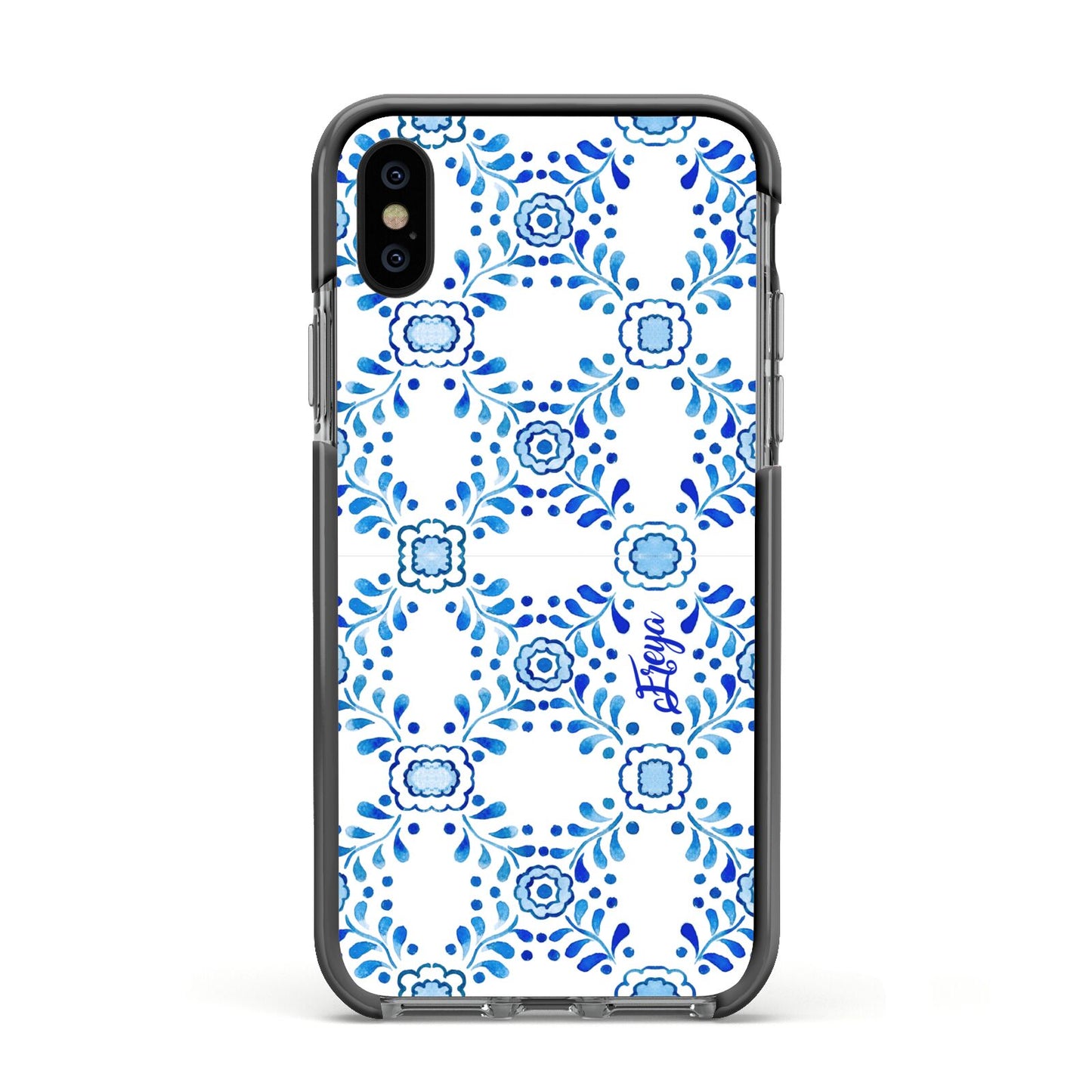 Personalised Floral Greek Tiles Apple iPhone Xs Impact Case Black Edge on Black Phone