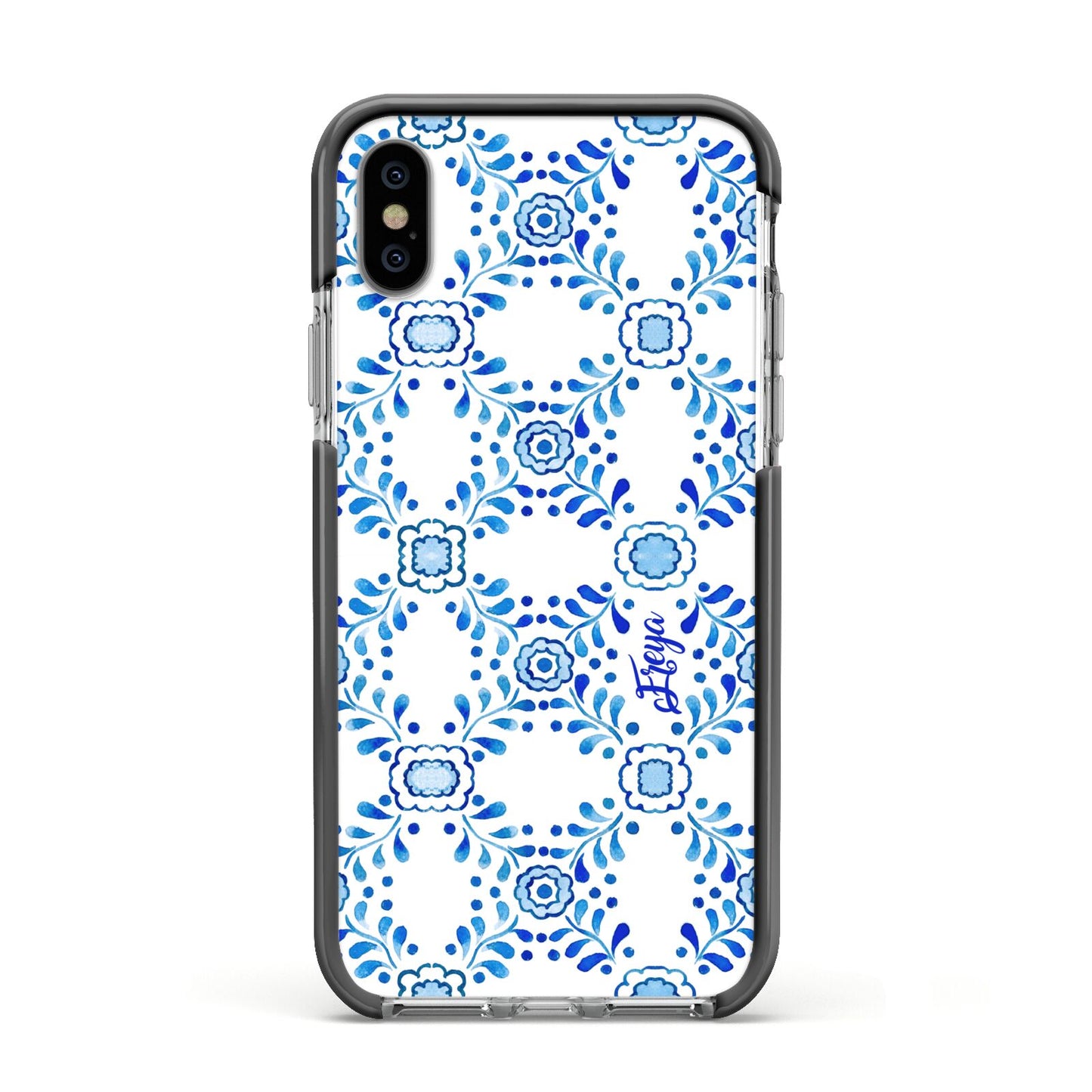 Personalised Floral Greek Tiles Apple iPhone Xs Impact Case Black Edge on Silver Phone