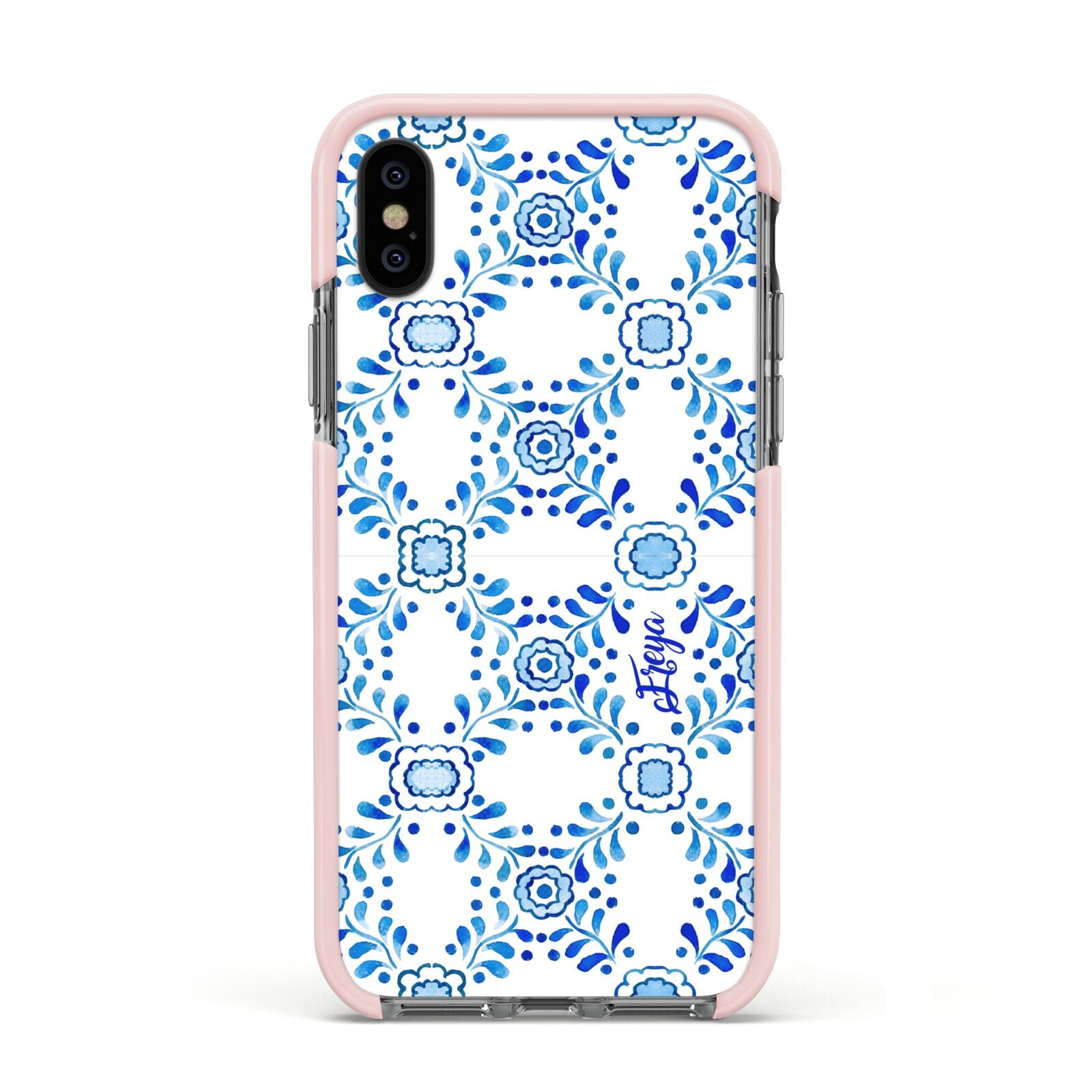 Personalised Floral Greek Tiles Apple iPhone Xs Impact Case Pink Edge on Black Phone