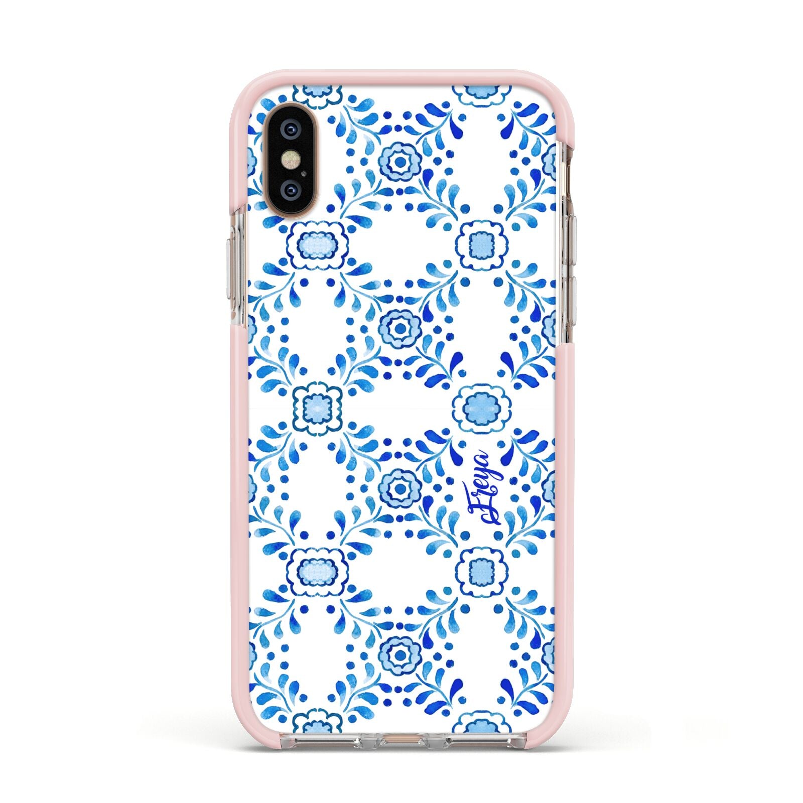 Personalised Floral Greek Tiles Apple iPhone Xs Impact Case Pink Edge on Gold Phone