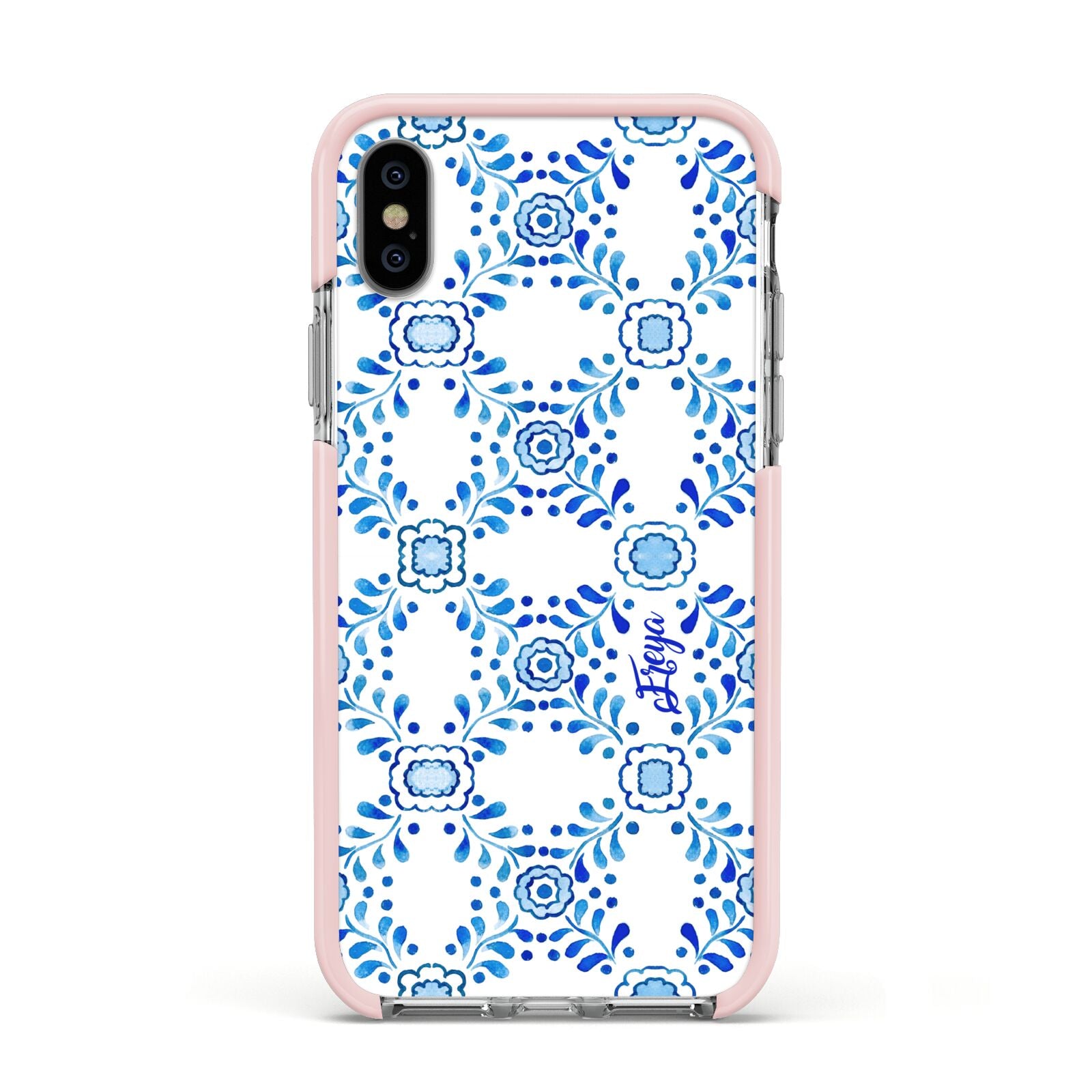 Personalised Floral Greek Tiles Apple iPhone Xs Impact Case Pink Edge on Silver Phone