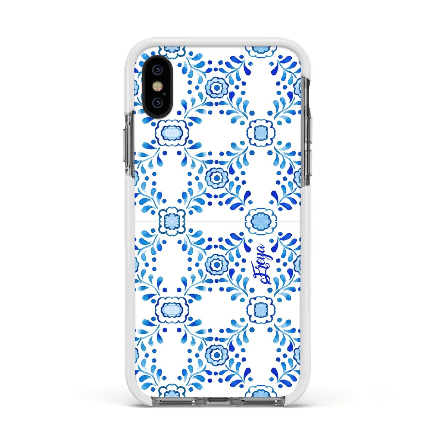 Personalised Floral Greek Tiles Apple iPhone Xs Impact Case White Edge on Black Phone