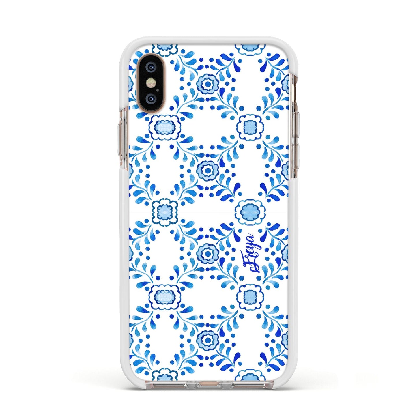 Personalised Floral Greek Tiles Apple iPhone Xs Impact Case White Edge on Gold Phone