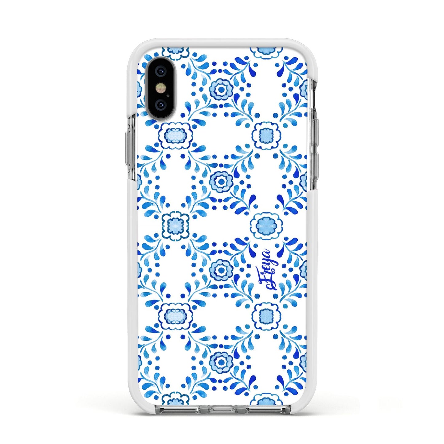 Personalised Floral Greek Tiles Apple iPhone Xs Impact Case White Edge on Silver Phone