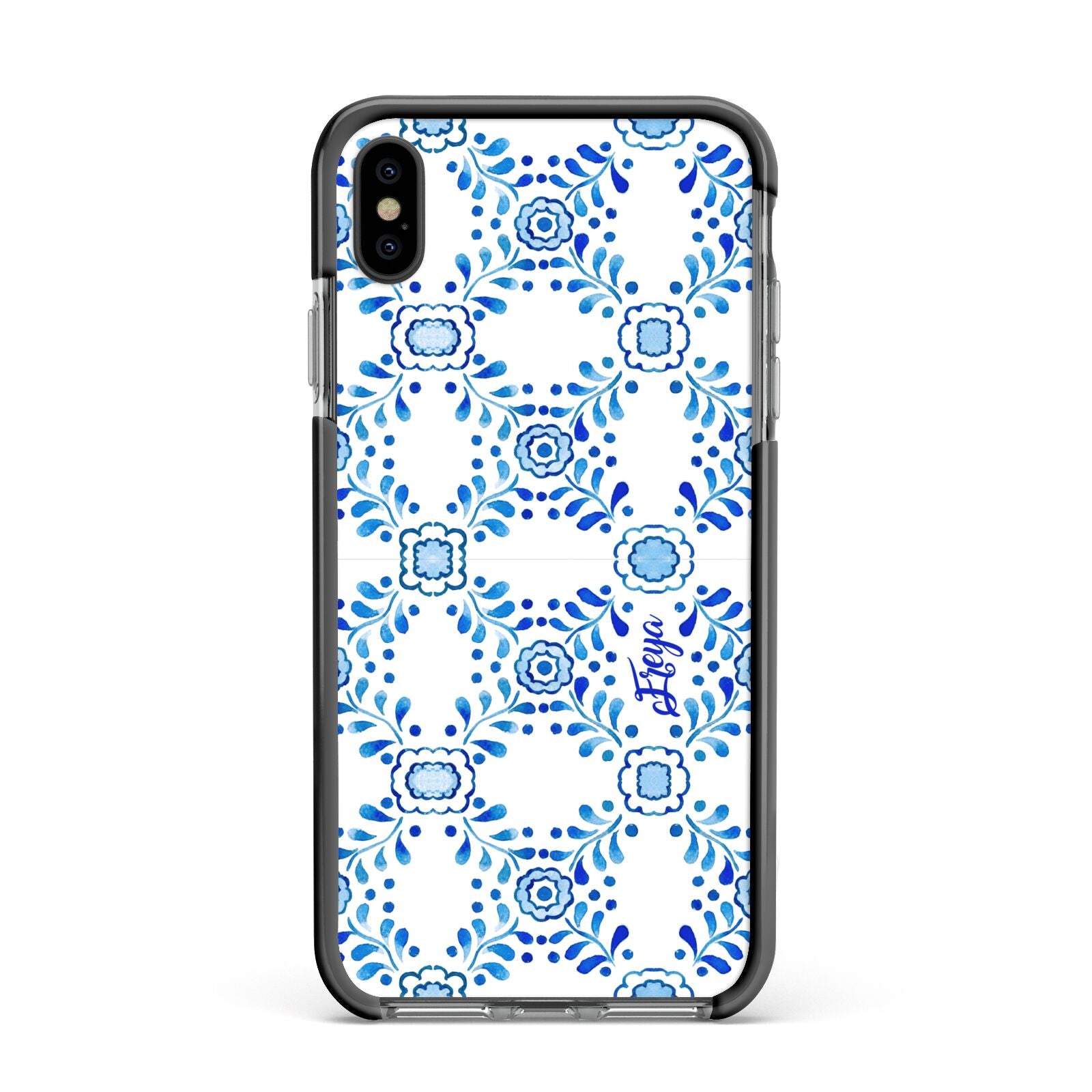 Personalised Floral Greek Tiles Apple iPhone Xs Max Impact Case Black Edge on Black Phone