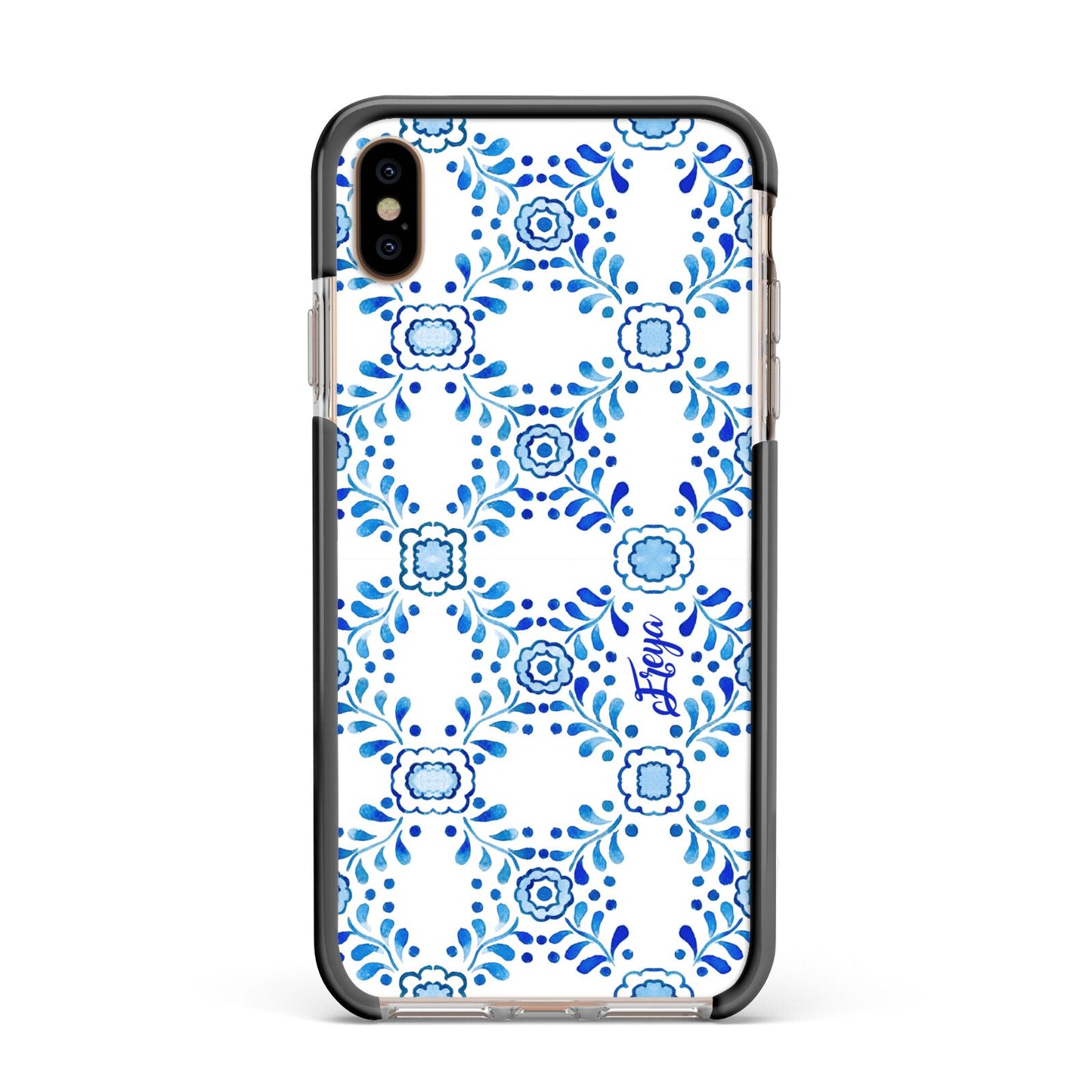 Personalised Floral Greek Tiles Apple iPhone Xs Max Impact Case Black Edge on Gold Phone