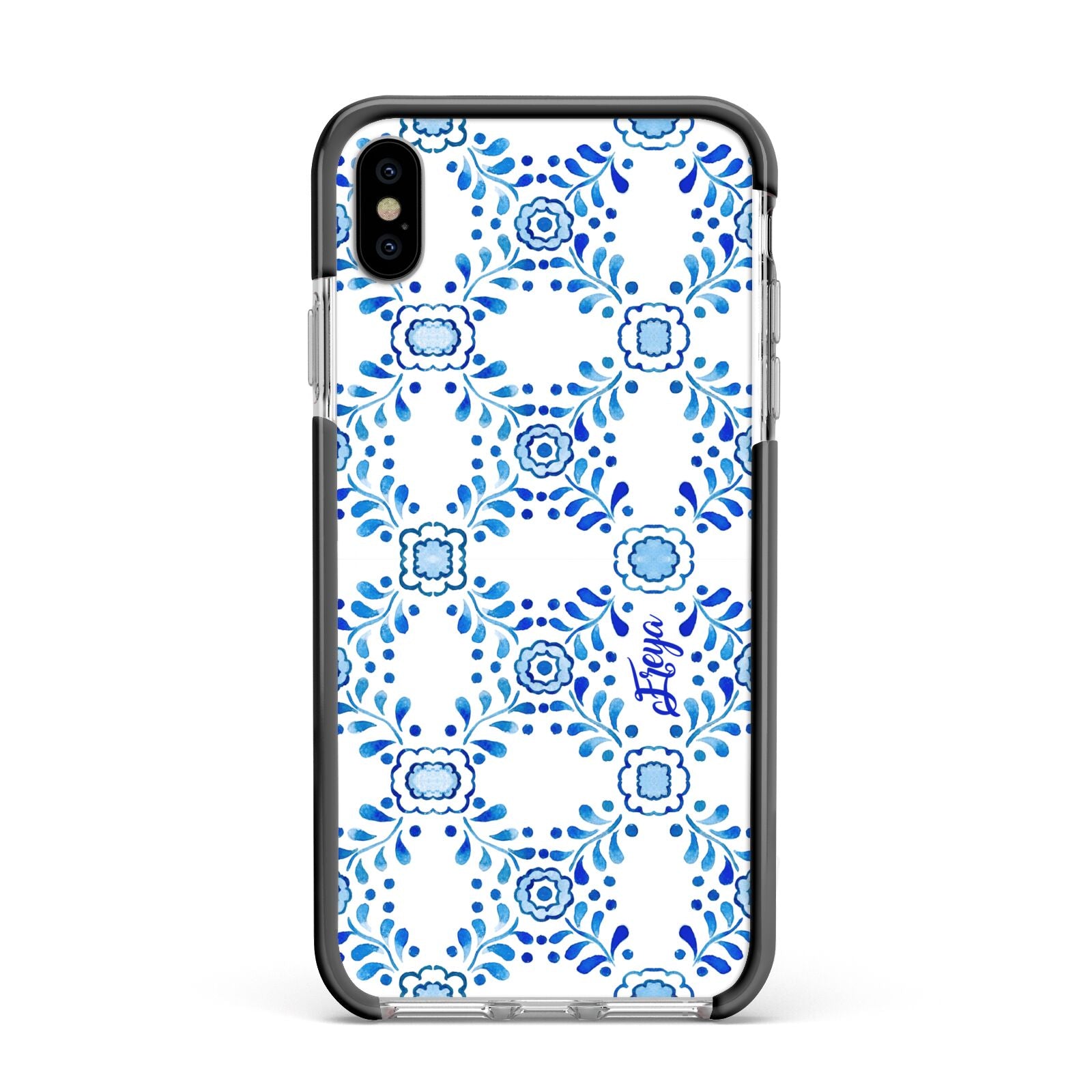 Personalised Floral Greek Tiles Apple iPhone Xs Max Impact Case Black Edge on Silver Phone