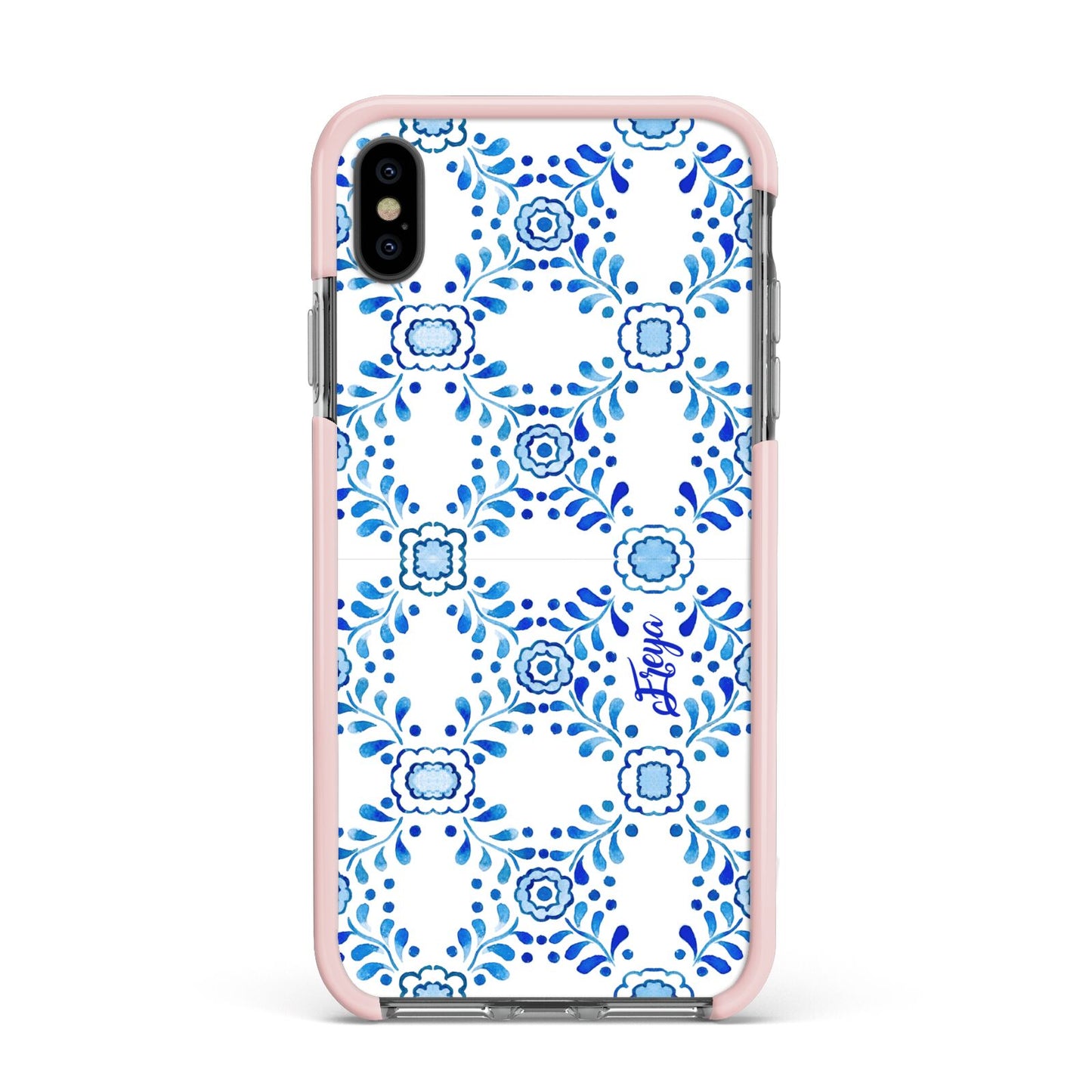 Personalised Floral Greek Tiles Apple iPhone Xs Max Impact Case Pink Edge on Black Phone