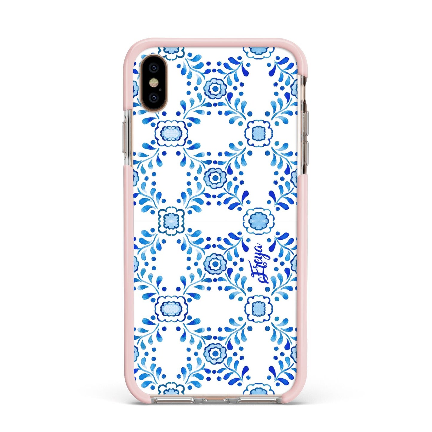 Personalised Floral Greek Tiles Apple iPhone Xs Max Impact Case Pink Edge on Gold Phone