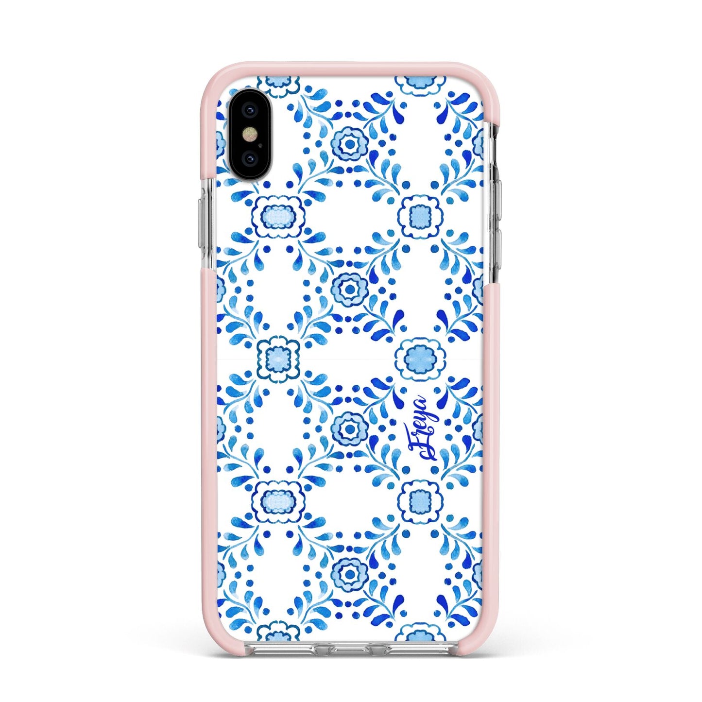 Personalised Floral Greek Tiles Apple iPhone Xs Max Impact Case Pink Edge on Silver Phone