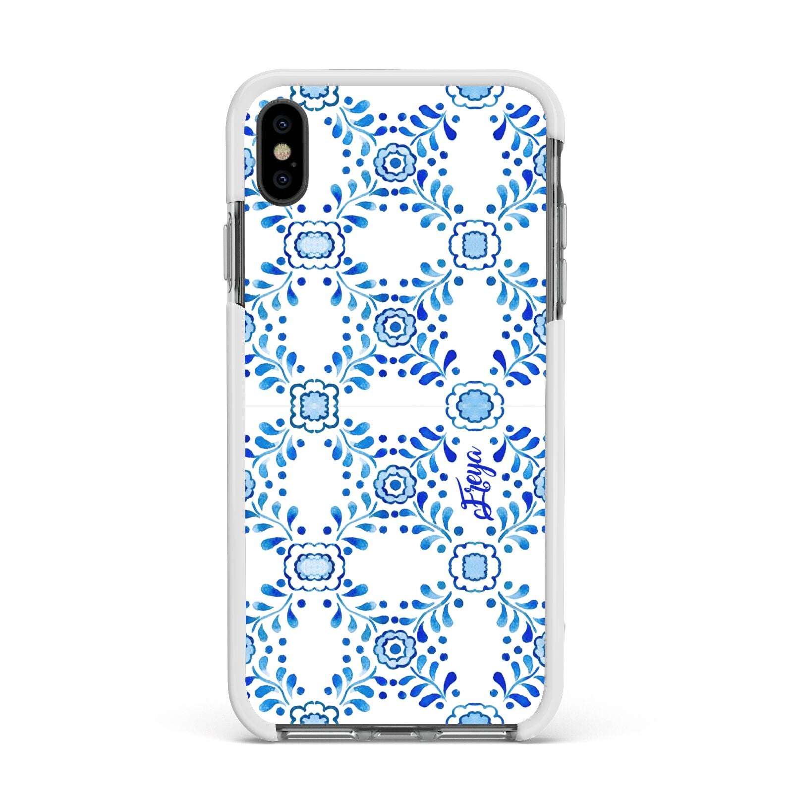 Personalised Floral Greek Tiles Apple iPhone Xs Max Impact Case White Edge on Black Phone