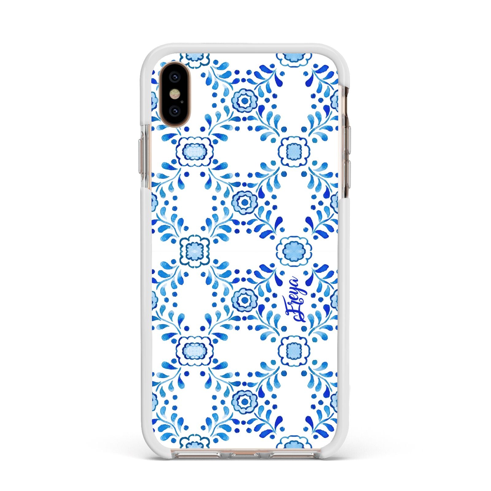 Personalised Floral Greek Tiles Apple iPhone Xs Max Impact Case White Edge on Gold Phone