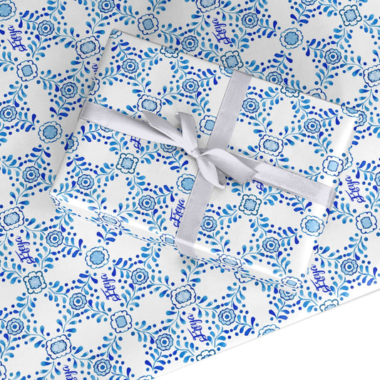 Personalised Floral Greek Tiles Custom Wrapping Paper