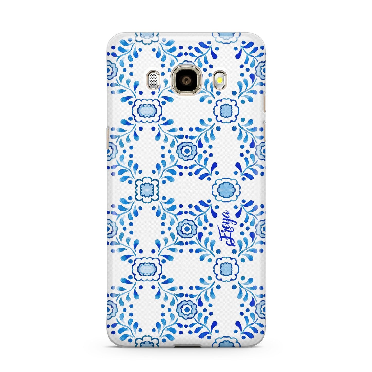 Personalised Floral Greek Tiles Samsung Galaxy J7 2016 Case on gold phone