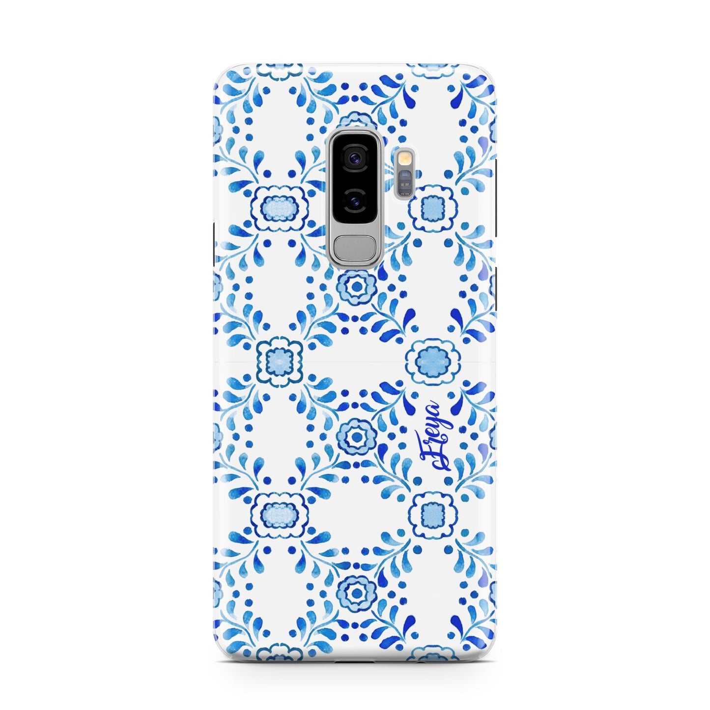 Personalised Floral Greek Tiles Samsung Galaxy S9 Plus Case on Silver phone