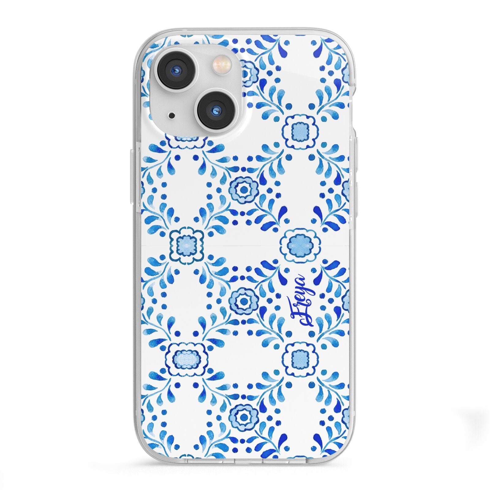 Personalised Floral Greek Tiles iPhone 13 Mini TPU Impact Case with White Edges