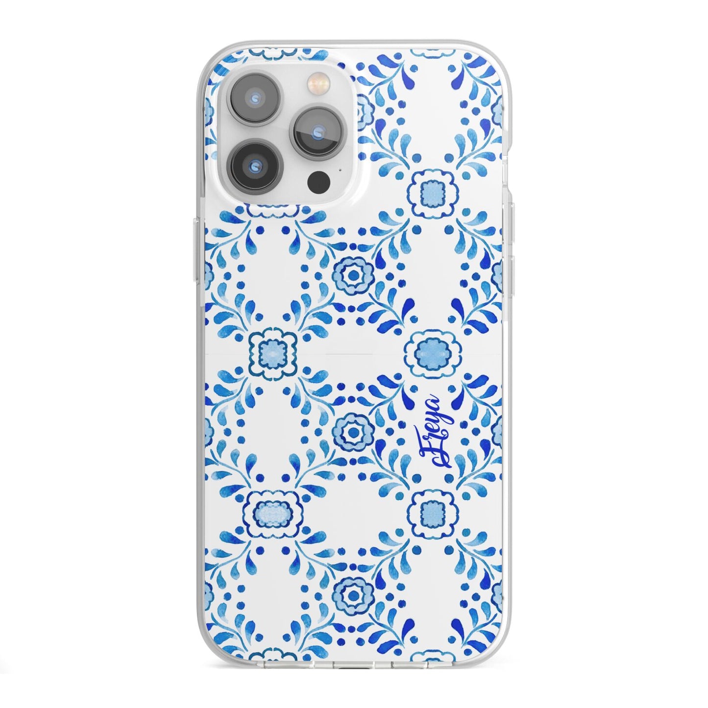 Personalised Floral Greek Tiles iPhone 13 Pro Max TPU Impact Case with White Edges