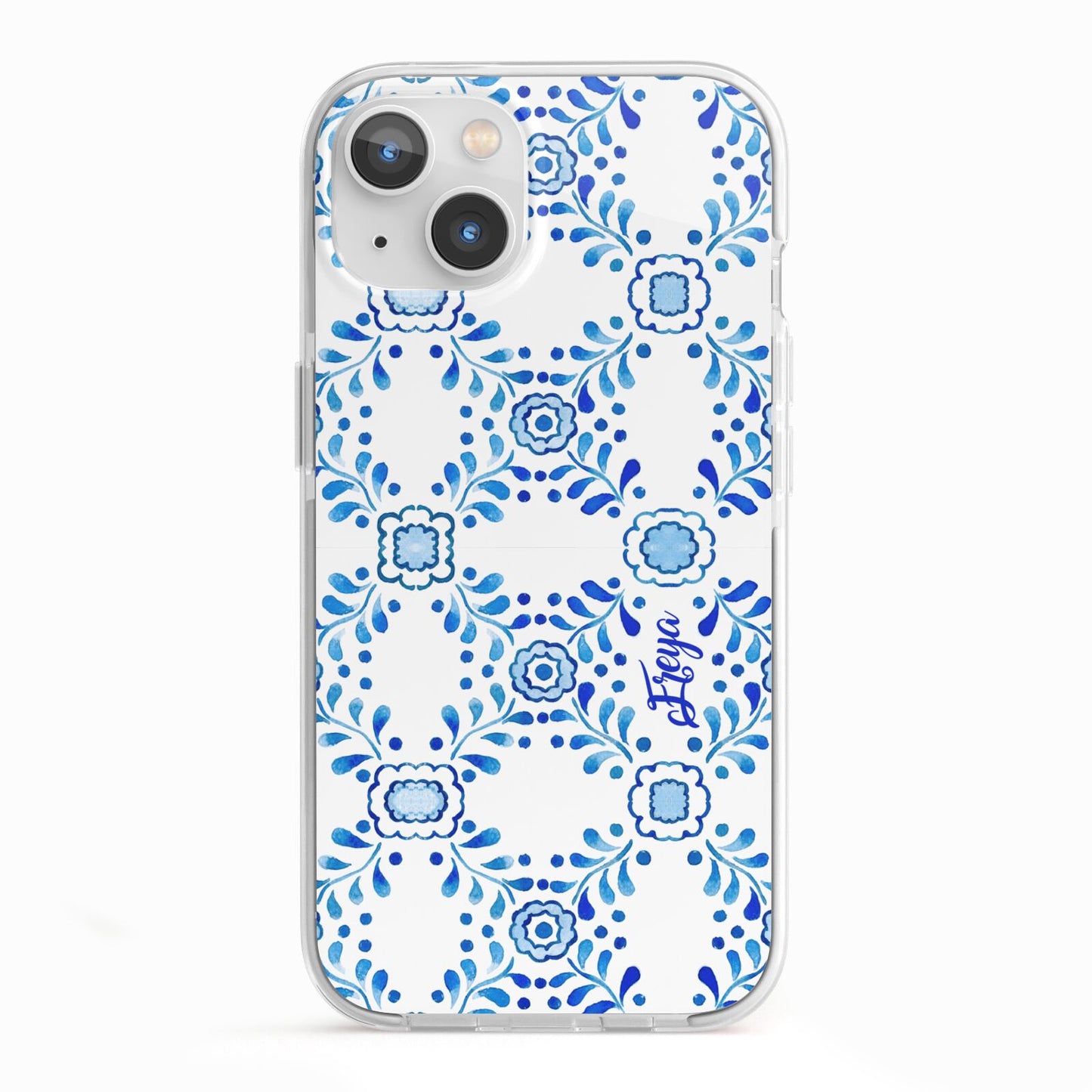 Personalised Floral Greek Tiles iPhone 13 TPU Impact Case with White Edges