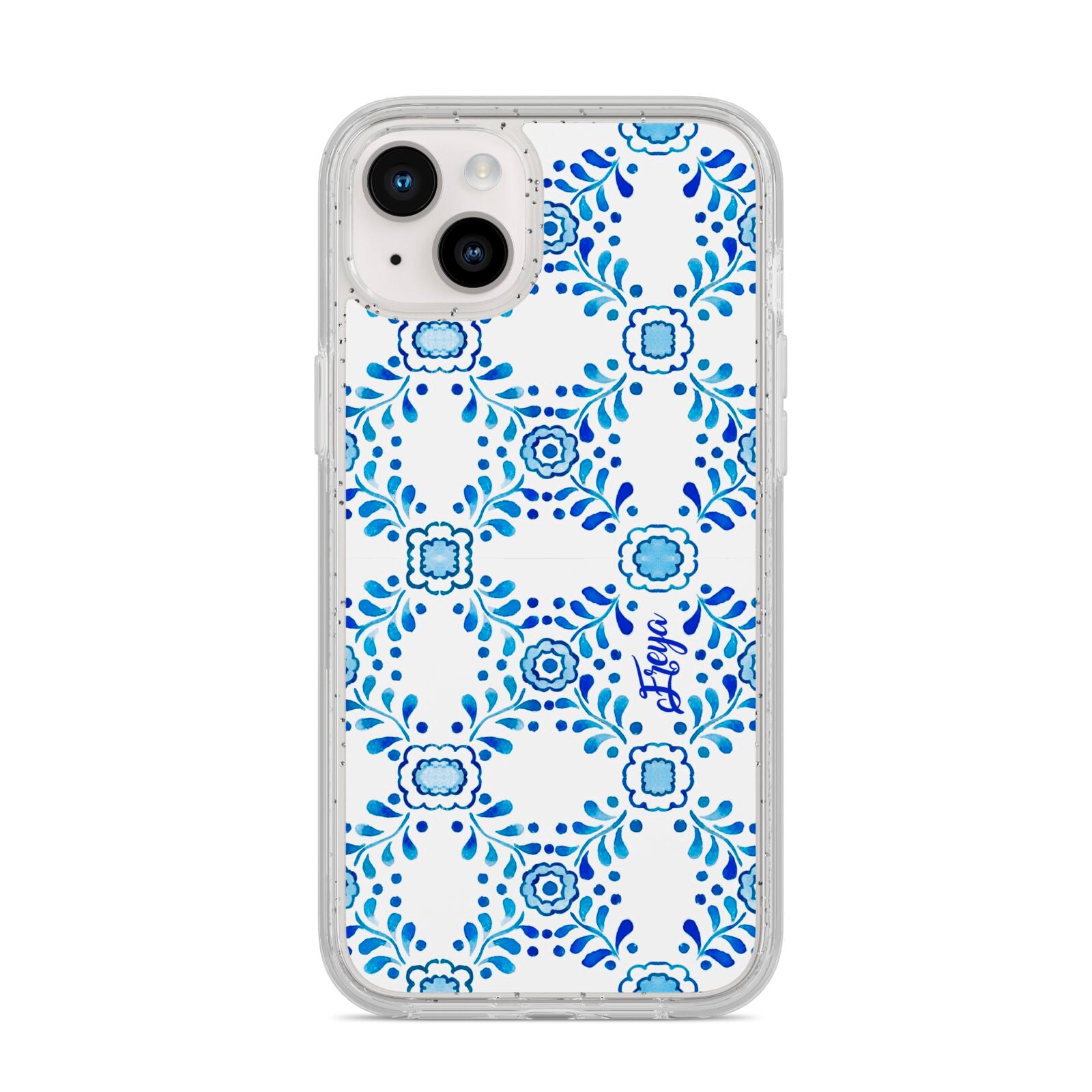 Personalised Floral Greek Tiles iPhone 14 Plus Glitter Tough Case Starlight