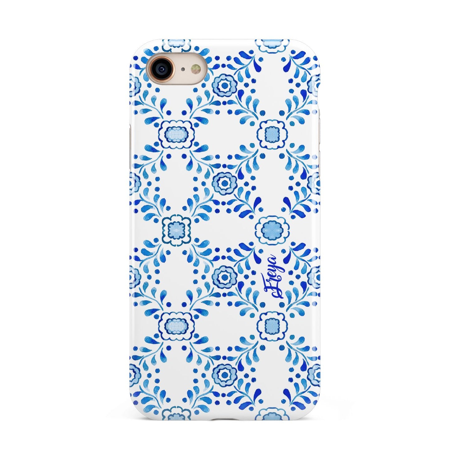 Personalised Floral Greek Tiles iPhone 8 3D Tough Case on Gold Phone