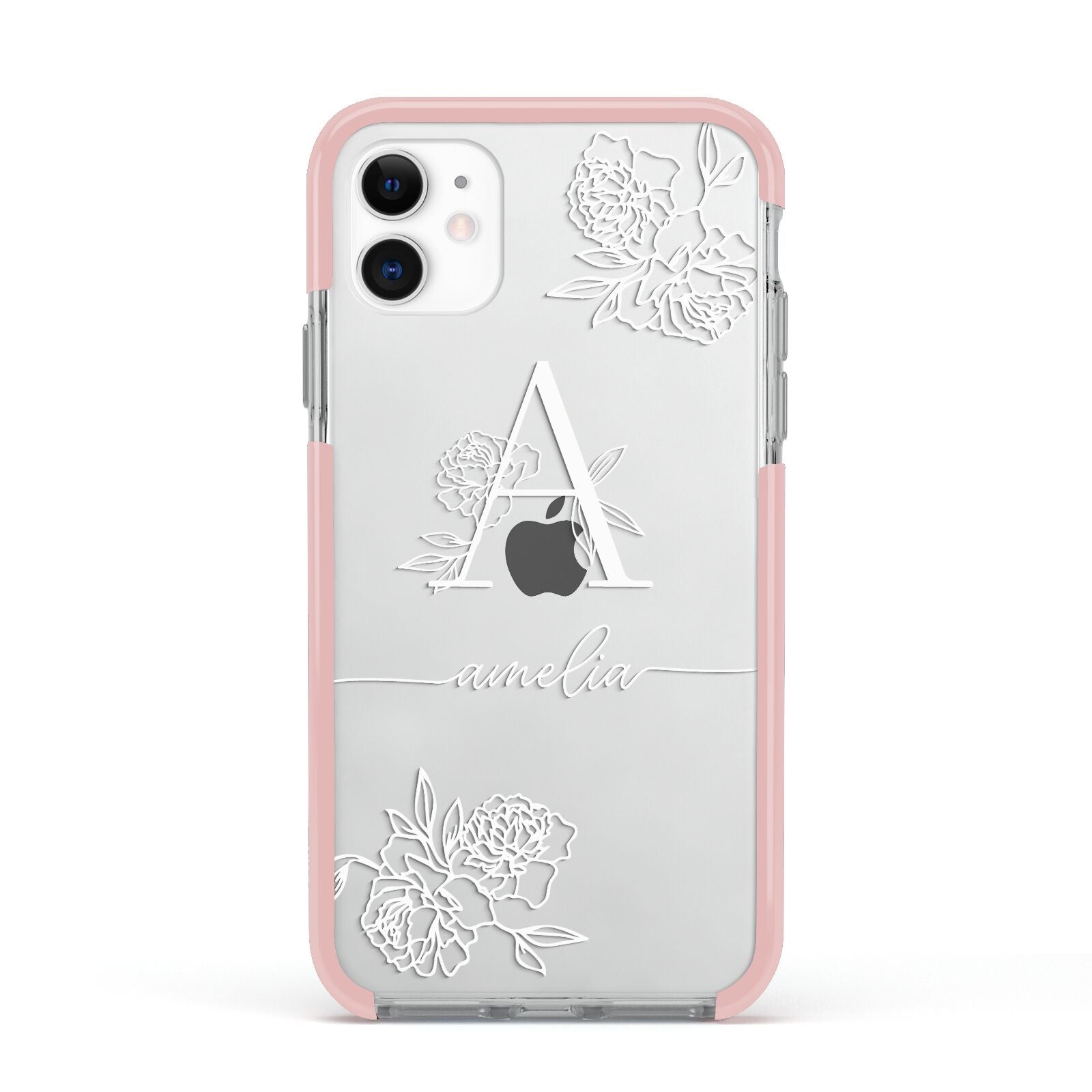 Personalised Floral Initial with Name Apple iPhone 11 in White with Pink Impact Case