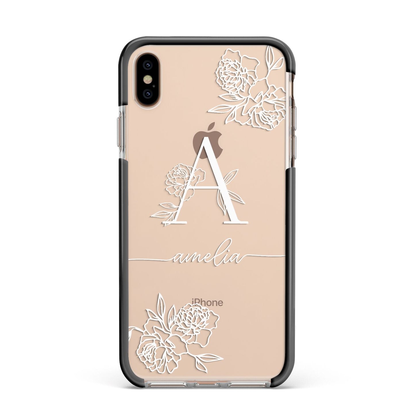 Personalised Floral Initial with Name Apple iPhone Xs Max Impact Case Black Edge on Gold Phone