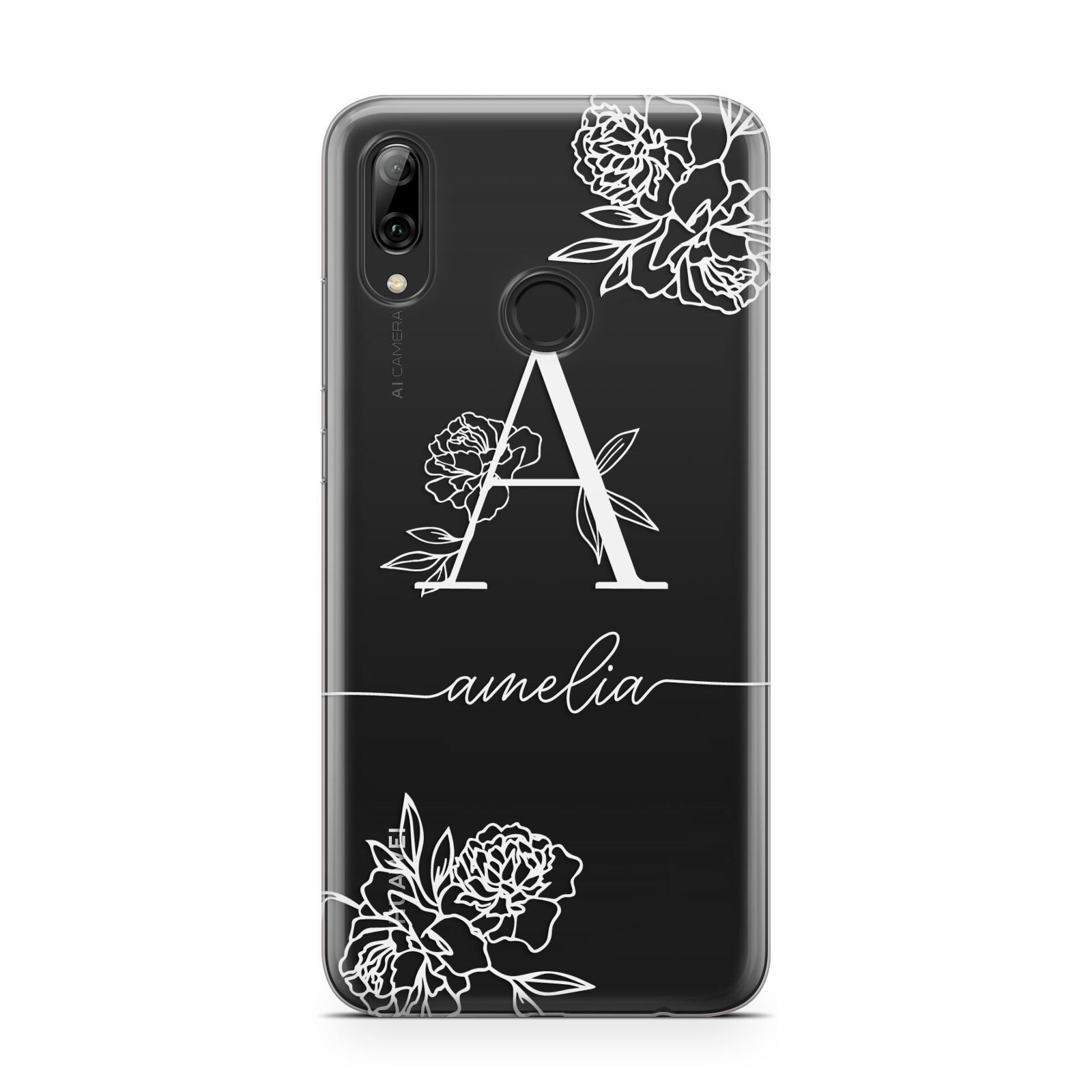 Personalised Floral Initial with Name Huawei Y7 2019