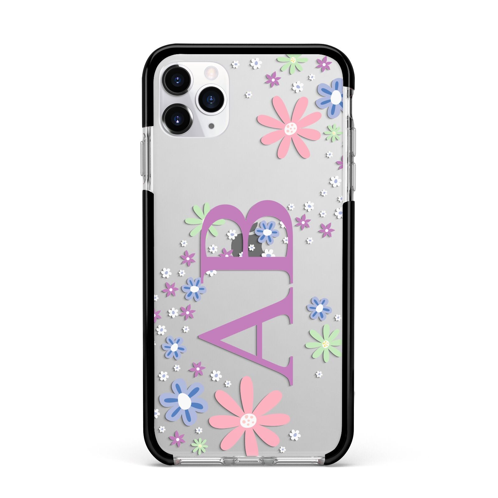 Personalised Floral Initials Apple iPhone 11 Pro Max in Silver with Black Impact Case