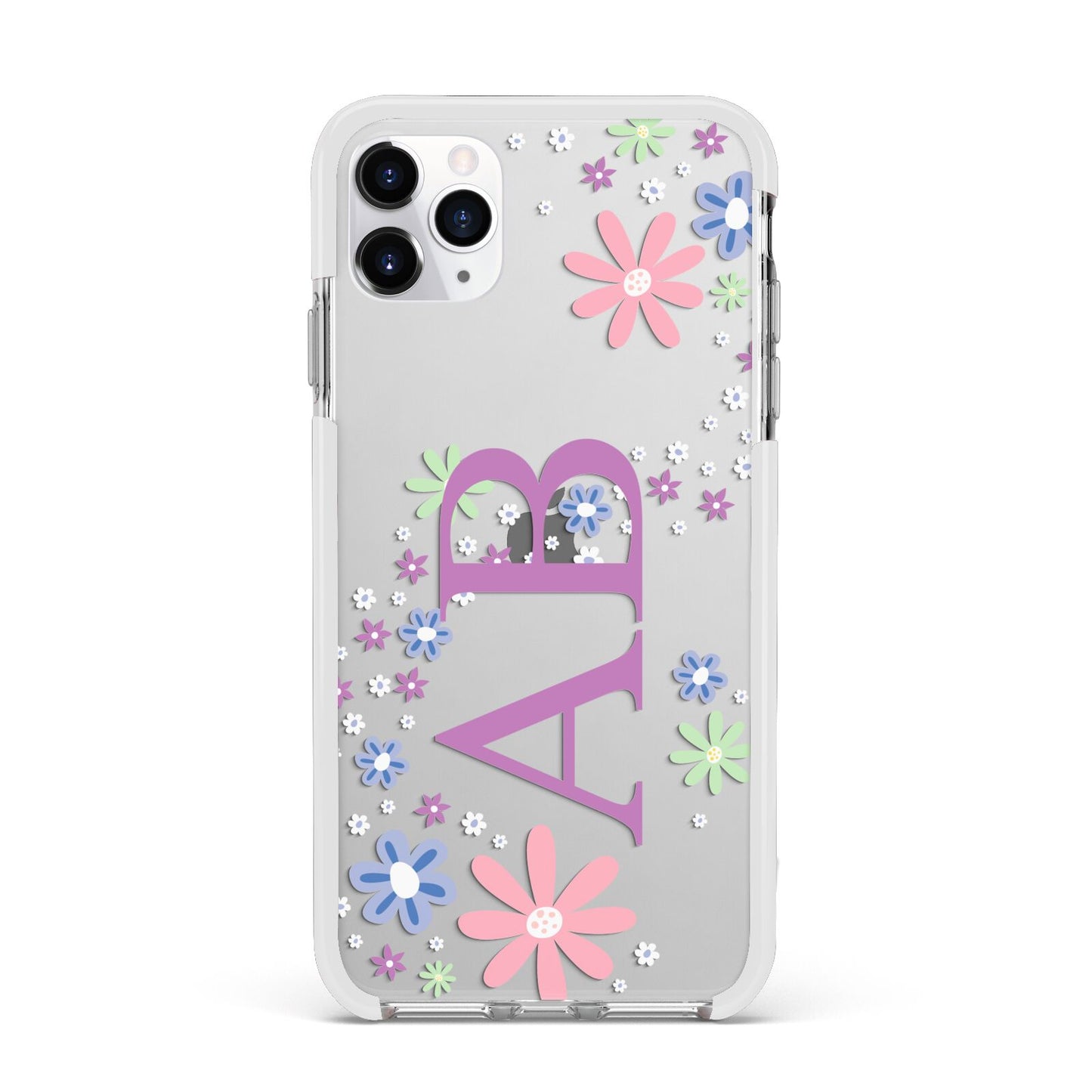 Personalised Floral Initials Apple iPhone 11 Pro Max in Silver with White Impact Case