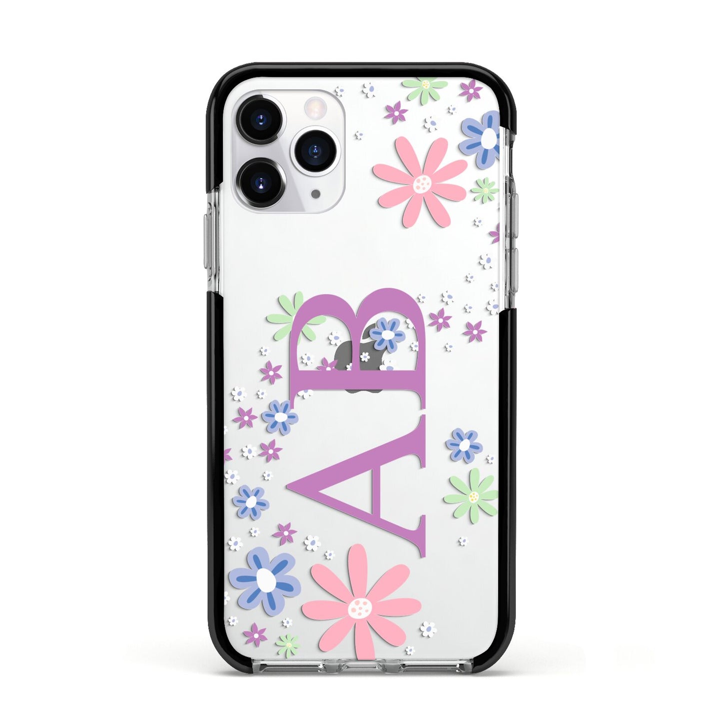 Personalised Floral Initials Apple iPhone 11 Pro in Silver with Black Impact Case