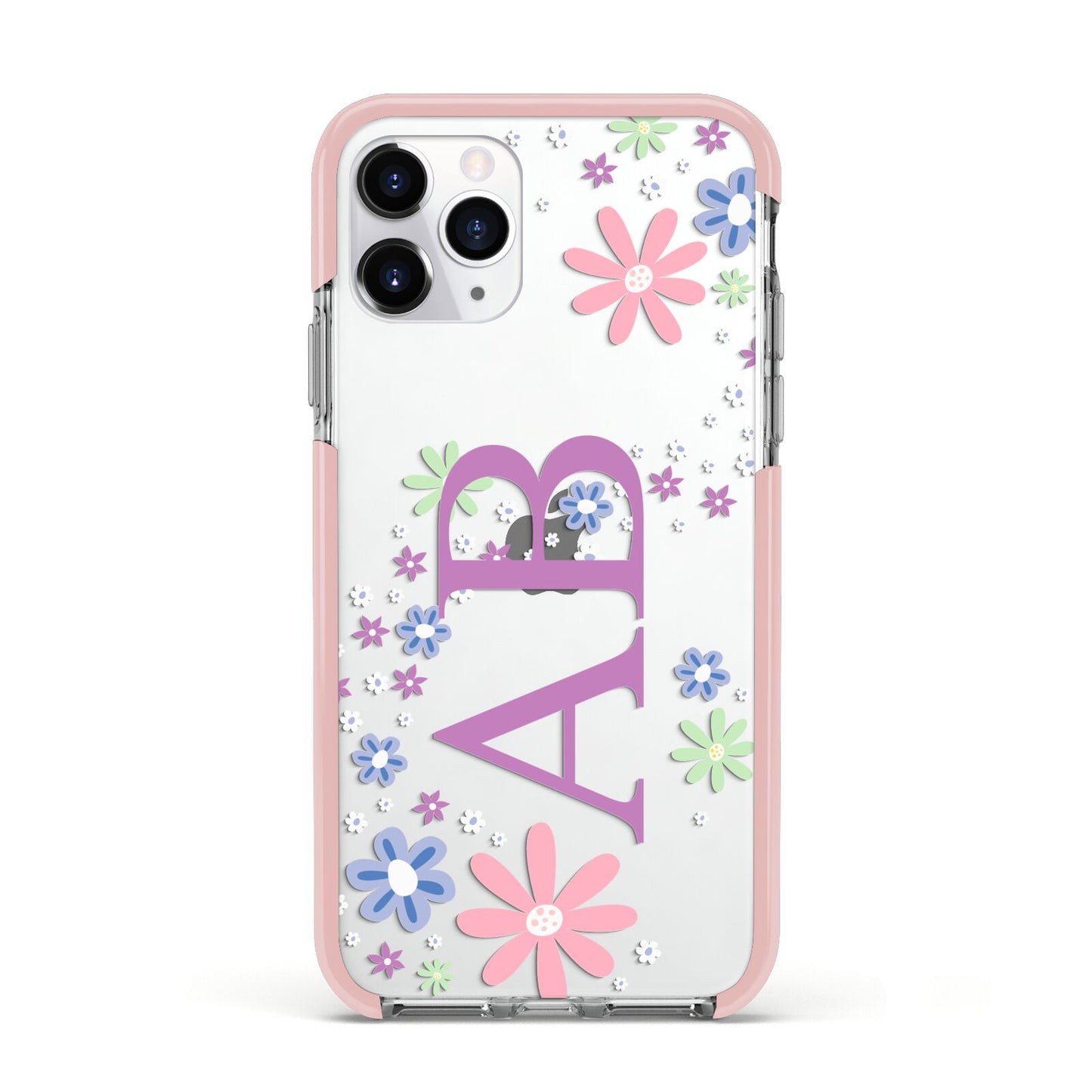 Personalised Floral Initials Apple iPhone 11 Pro in Silver with Pink Impact Case